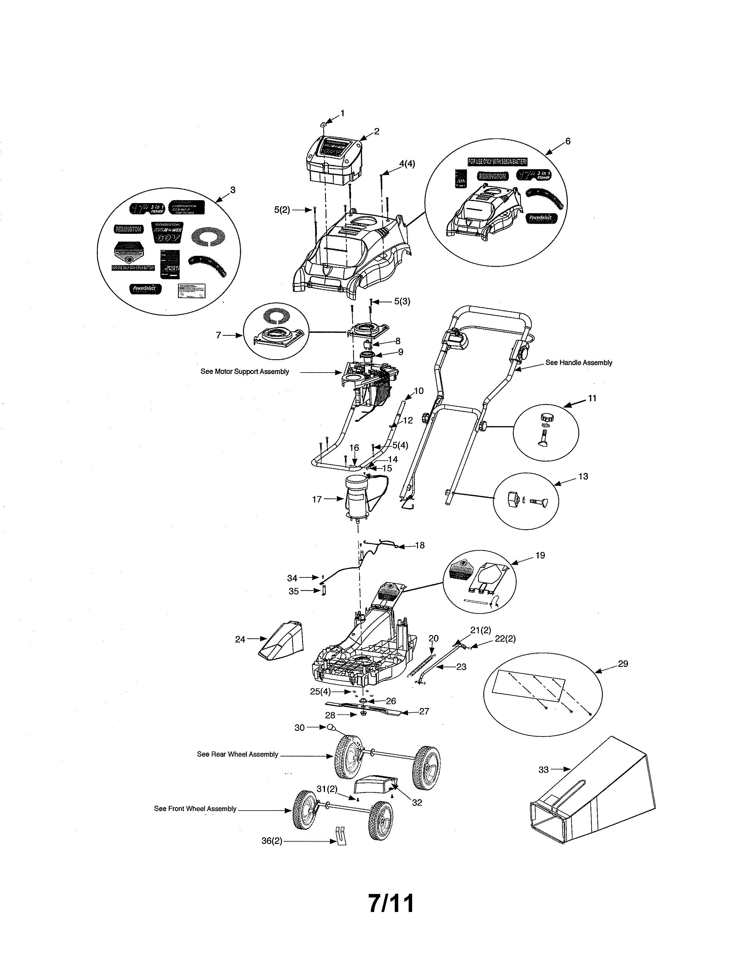 Remington MPS6017ADR grass bag/battery/upper deck diagram