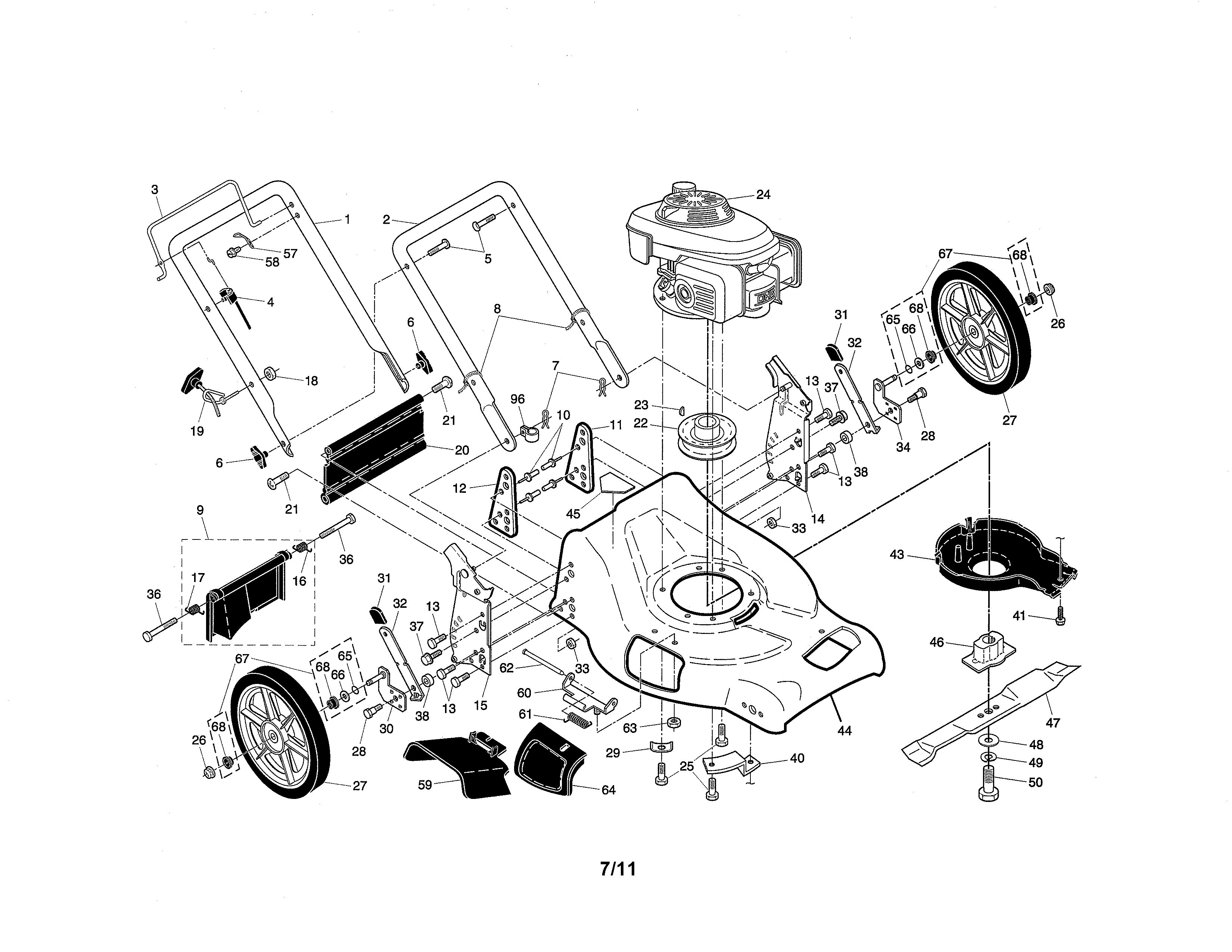 Poulan 96142001102 engine/housing/handle diagram