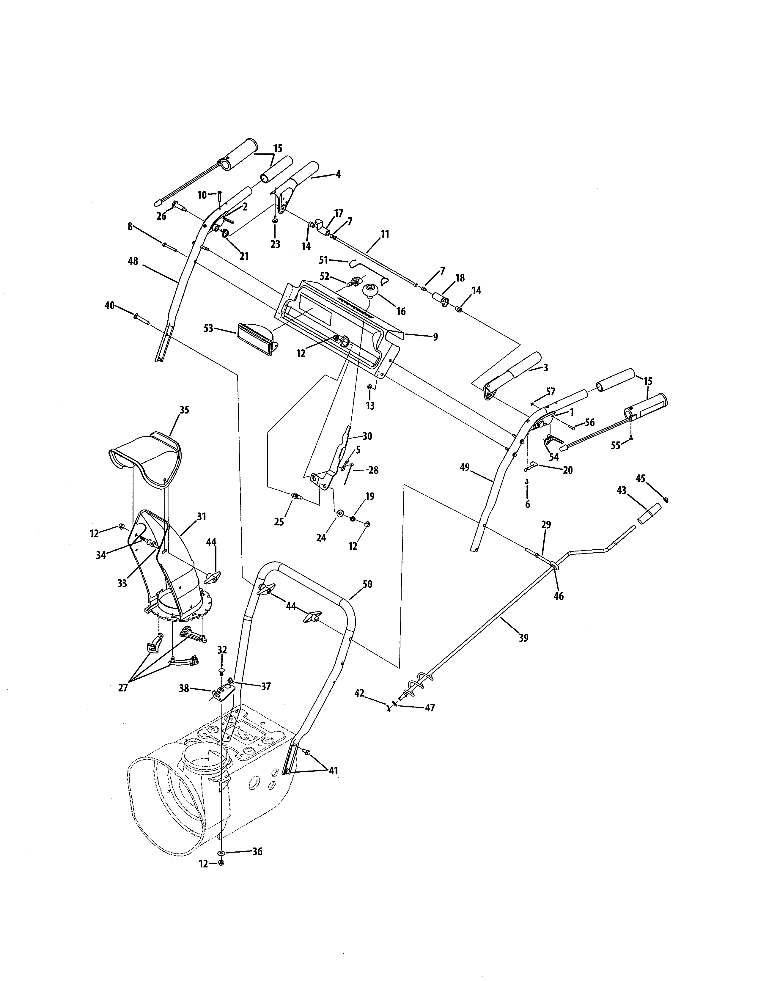 MTD 31AS6BEE731 e/f-style handle/frame/discharge chute diagram