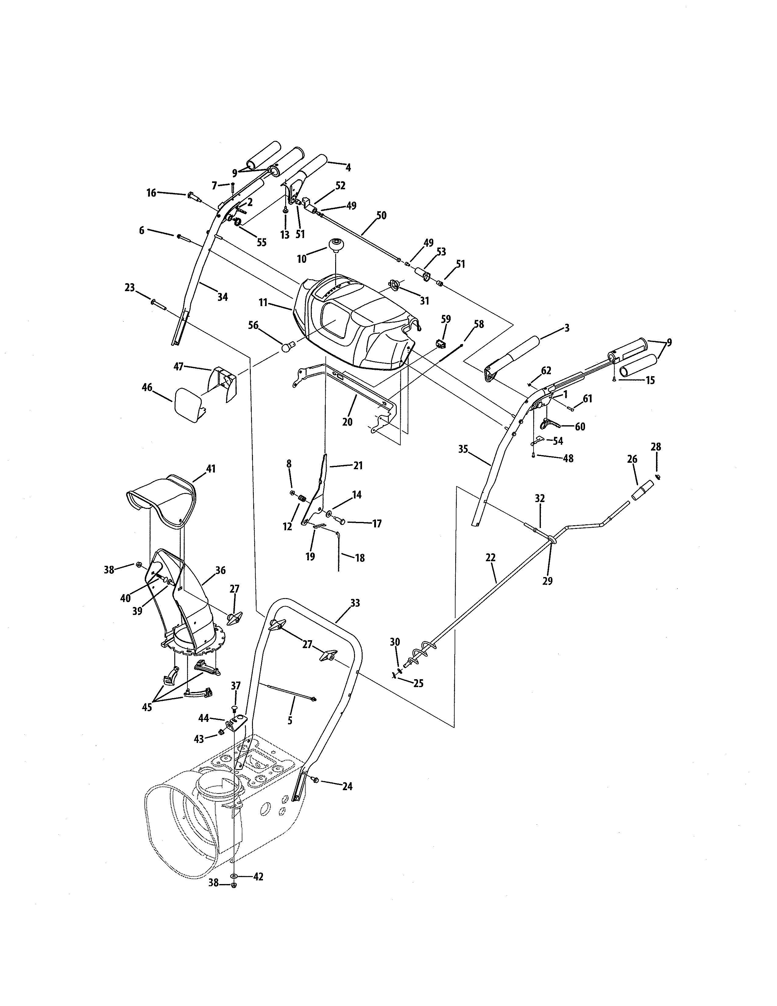 MTD 31AS6BEE731 h-style handle/frame/disharge chute diagram