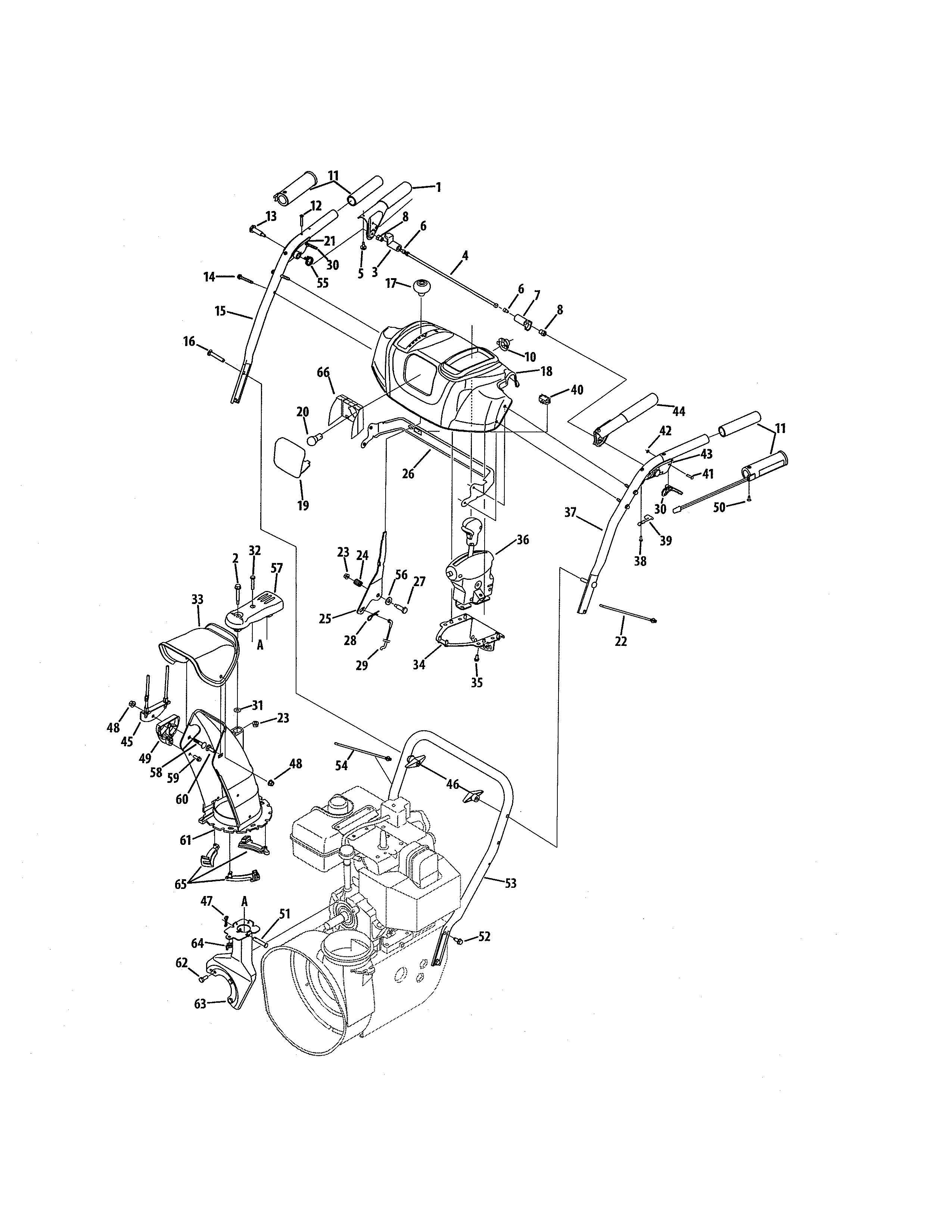MTD 31AS6BEE731 l-style handle/frame/discharge chute diagram