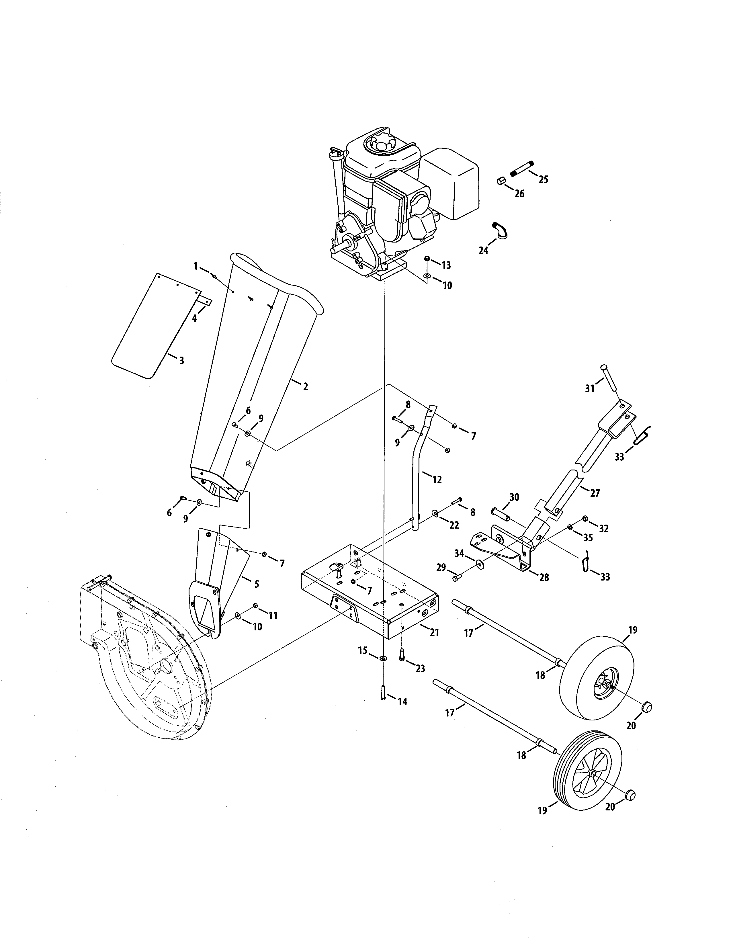 MTD 24A464H729 chute/frame/wheels diagram