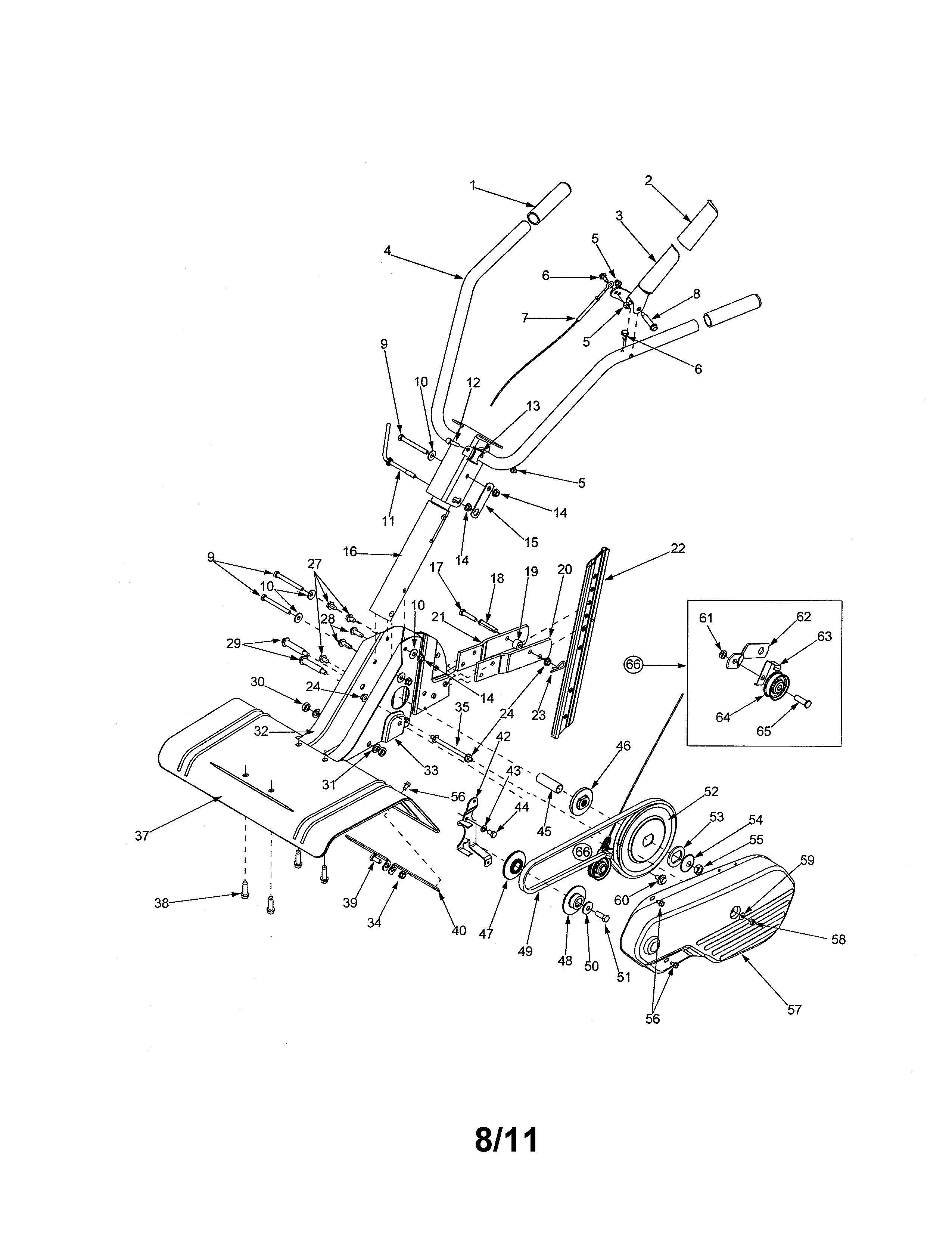 MTD 21A-332B729 handle/tine shield/belt diagram