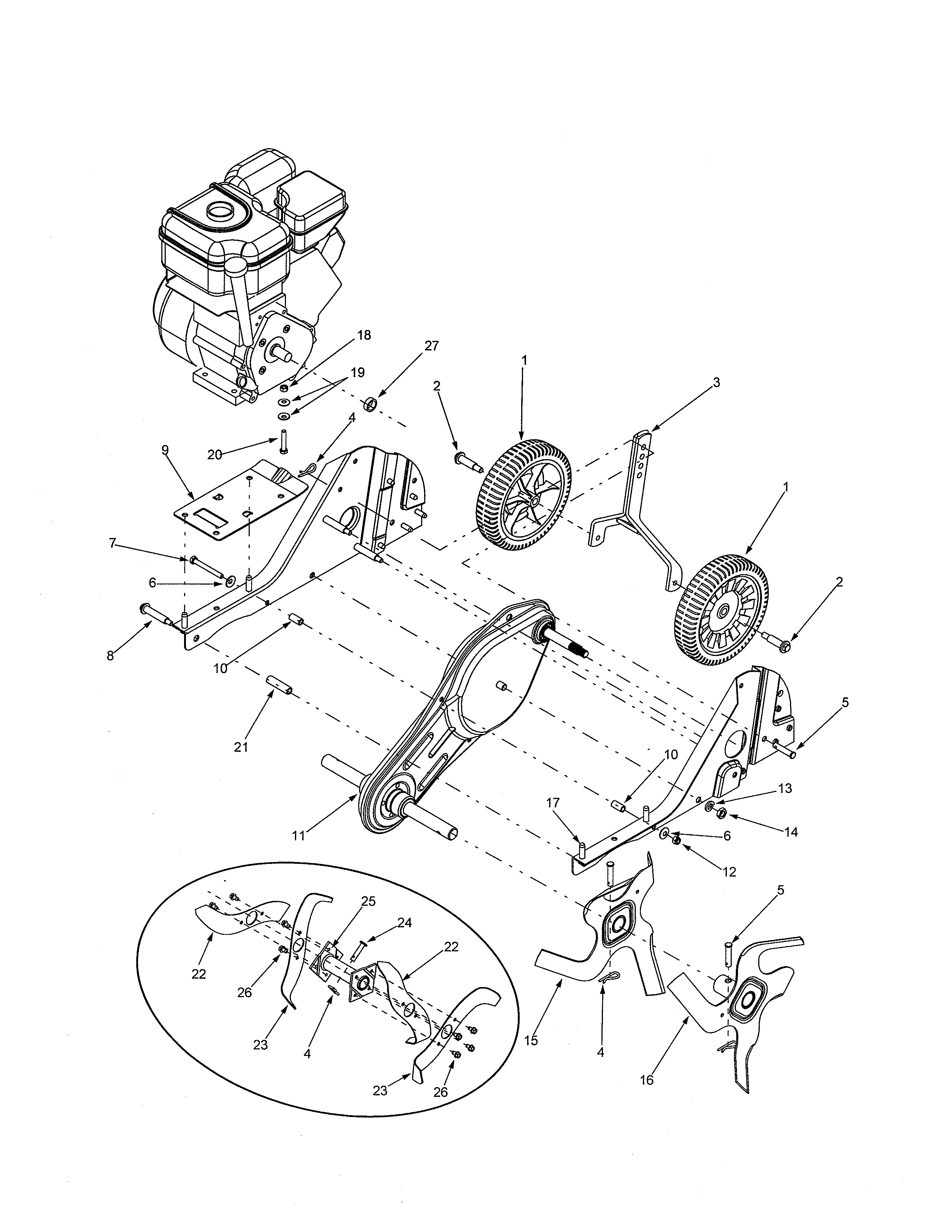 MTD 21A-332B729 tine assembly/wheels diagram