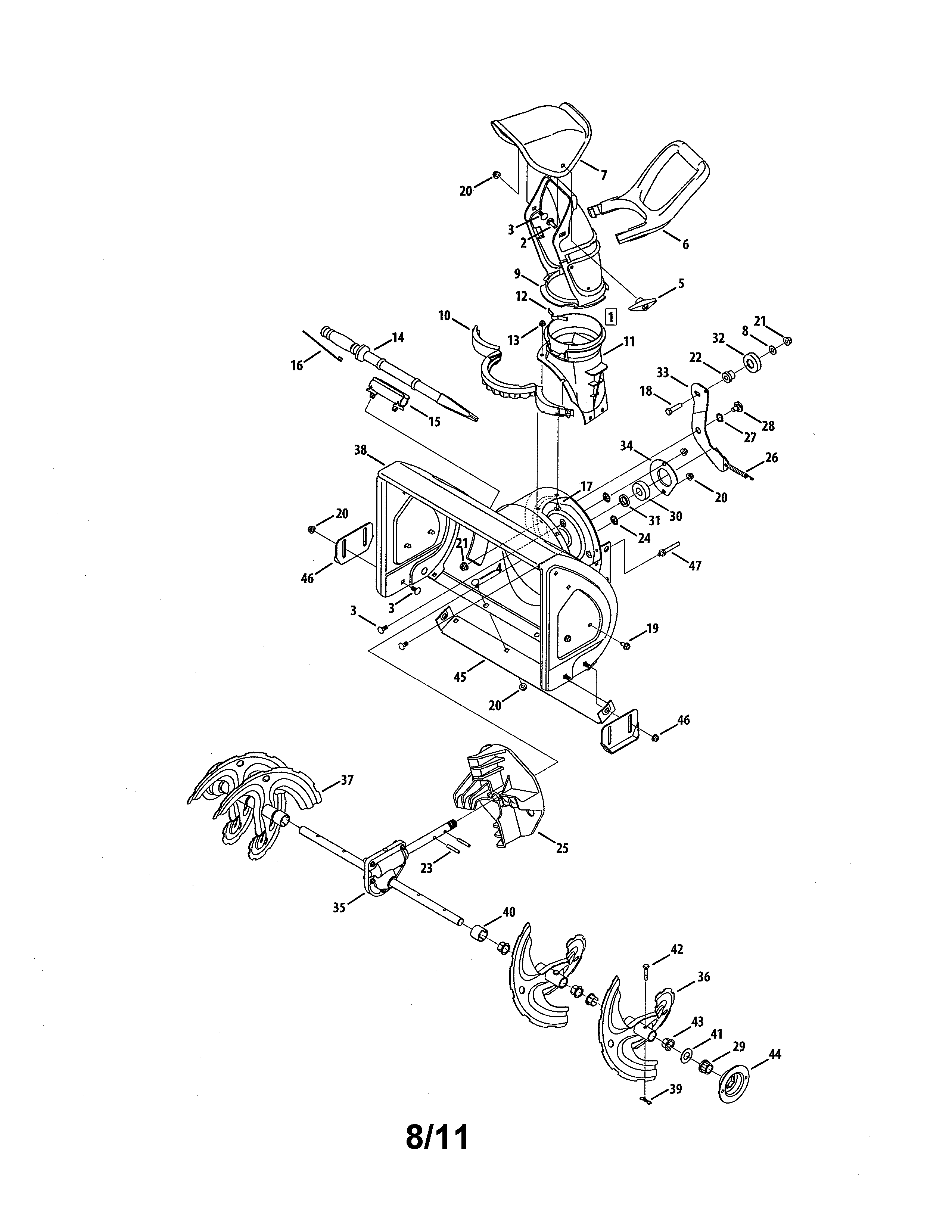 MTD 31A-3CAD752 auger & housing/discharge chute diagram