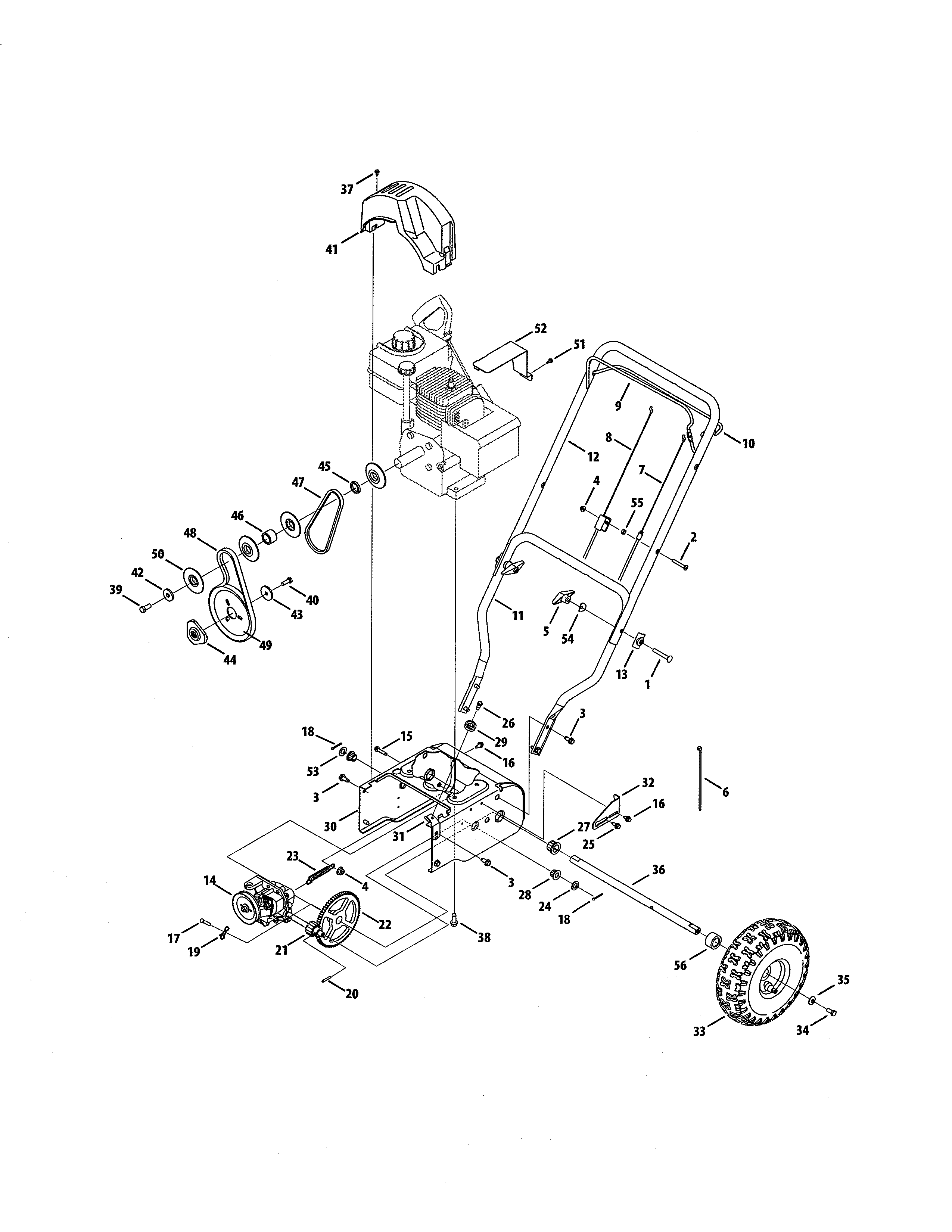 MTD 31A-3CAD752 handle/frame/drive system diagram