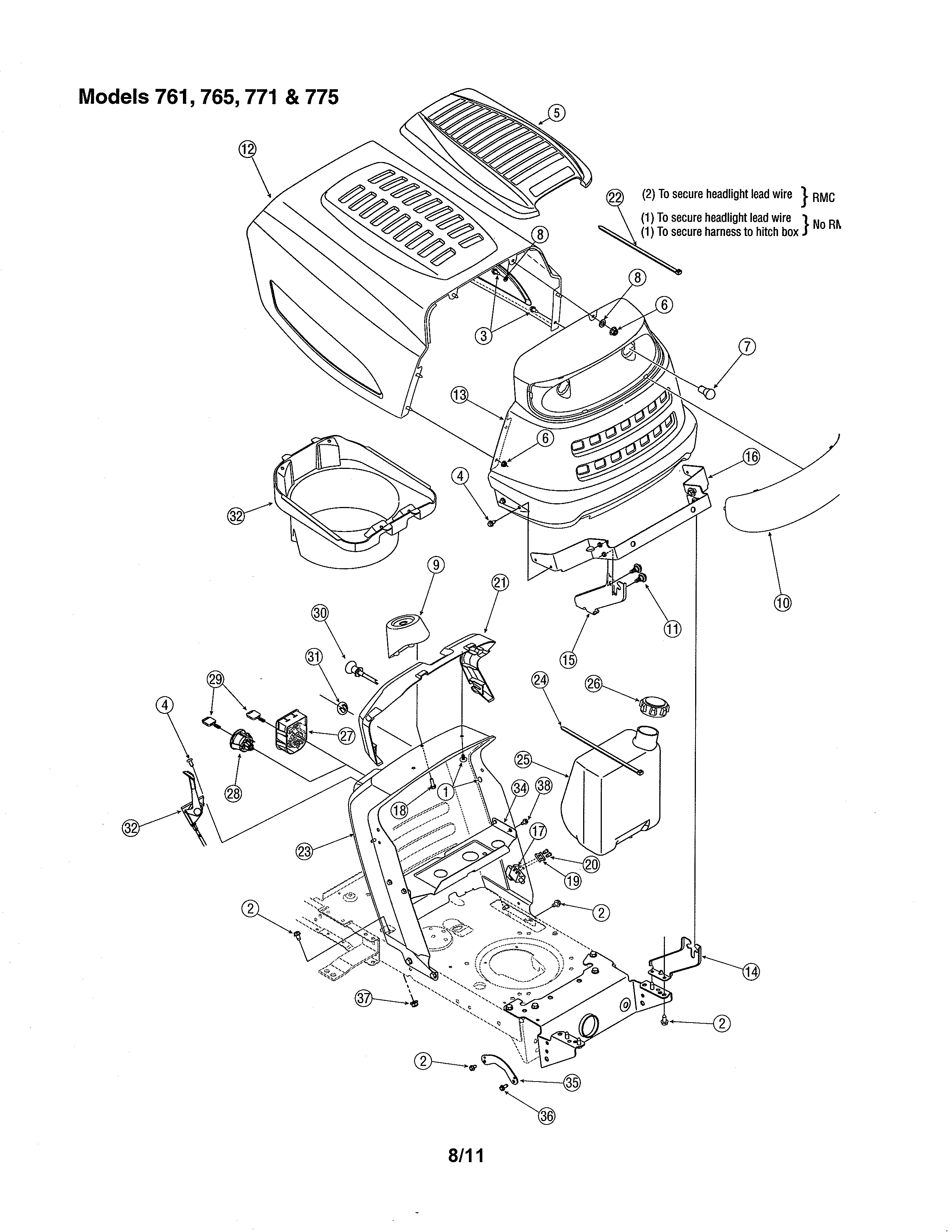 MTD 13AD771G731 bumper & hood - models 761, 765, 771, 775 diagram