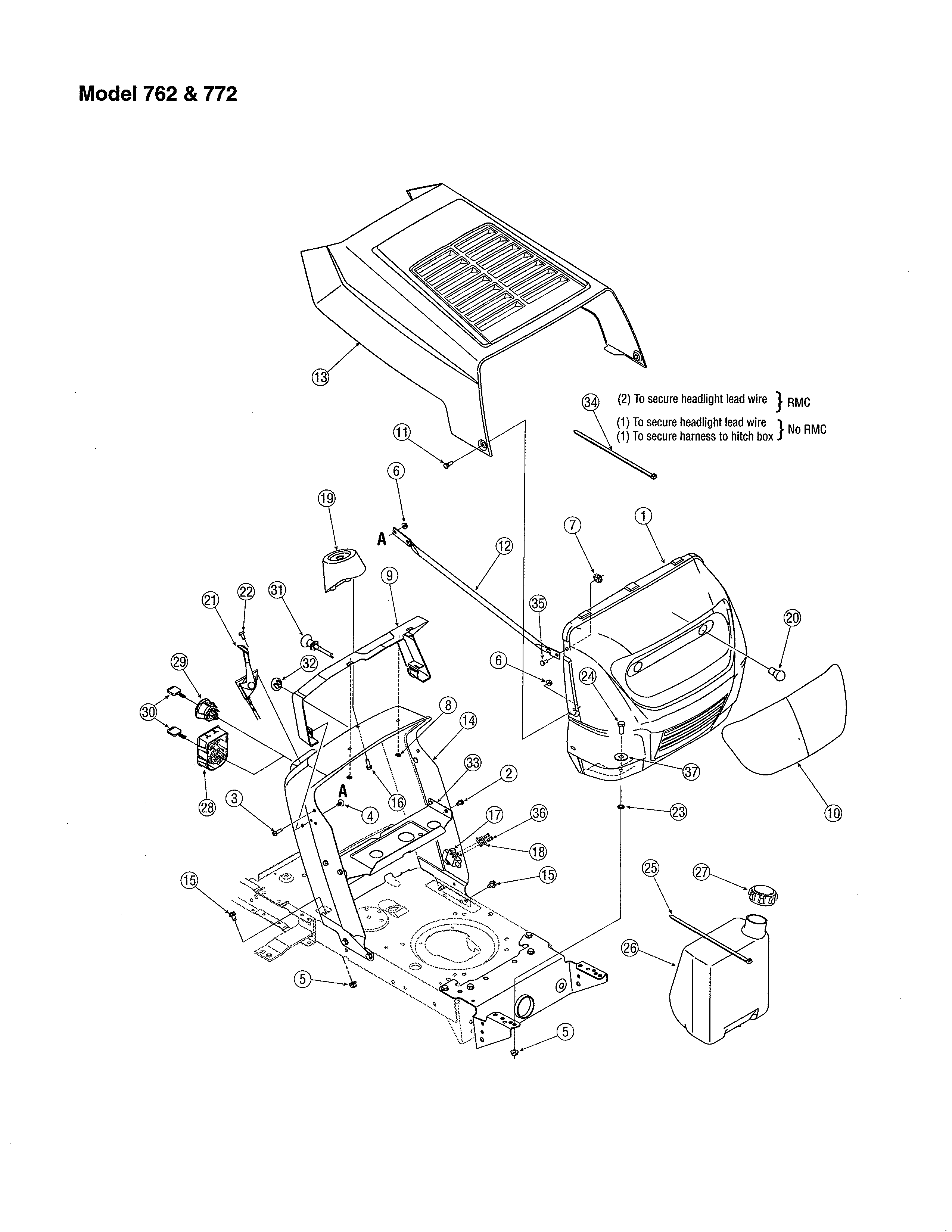 MTD 13AD771G731 bumper & hood - models 762, 772 diagram