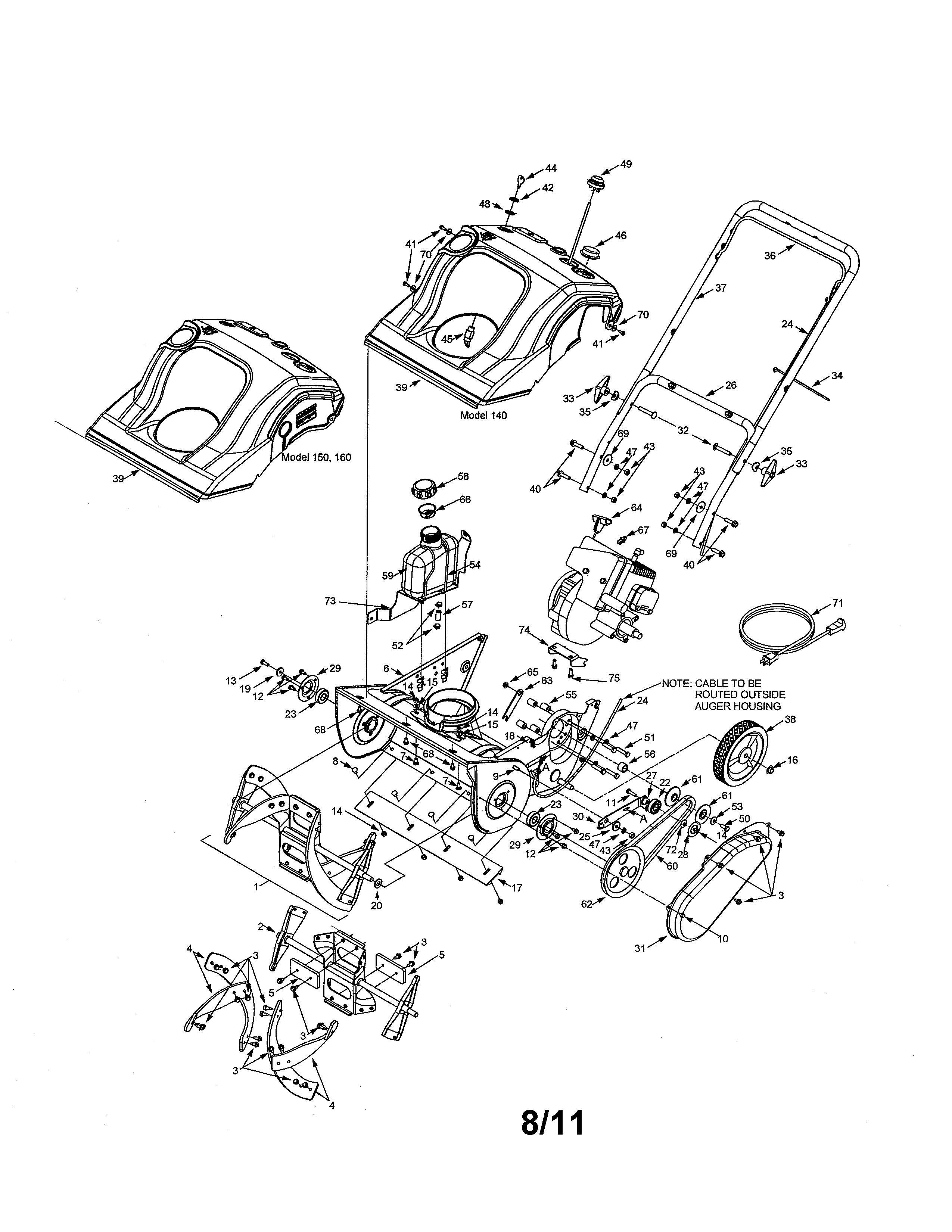 MTD 31D-140-352 auger & housing/handle diagram