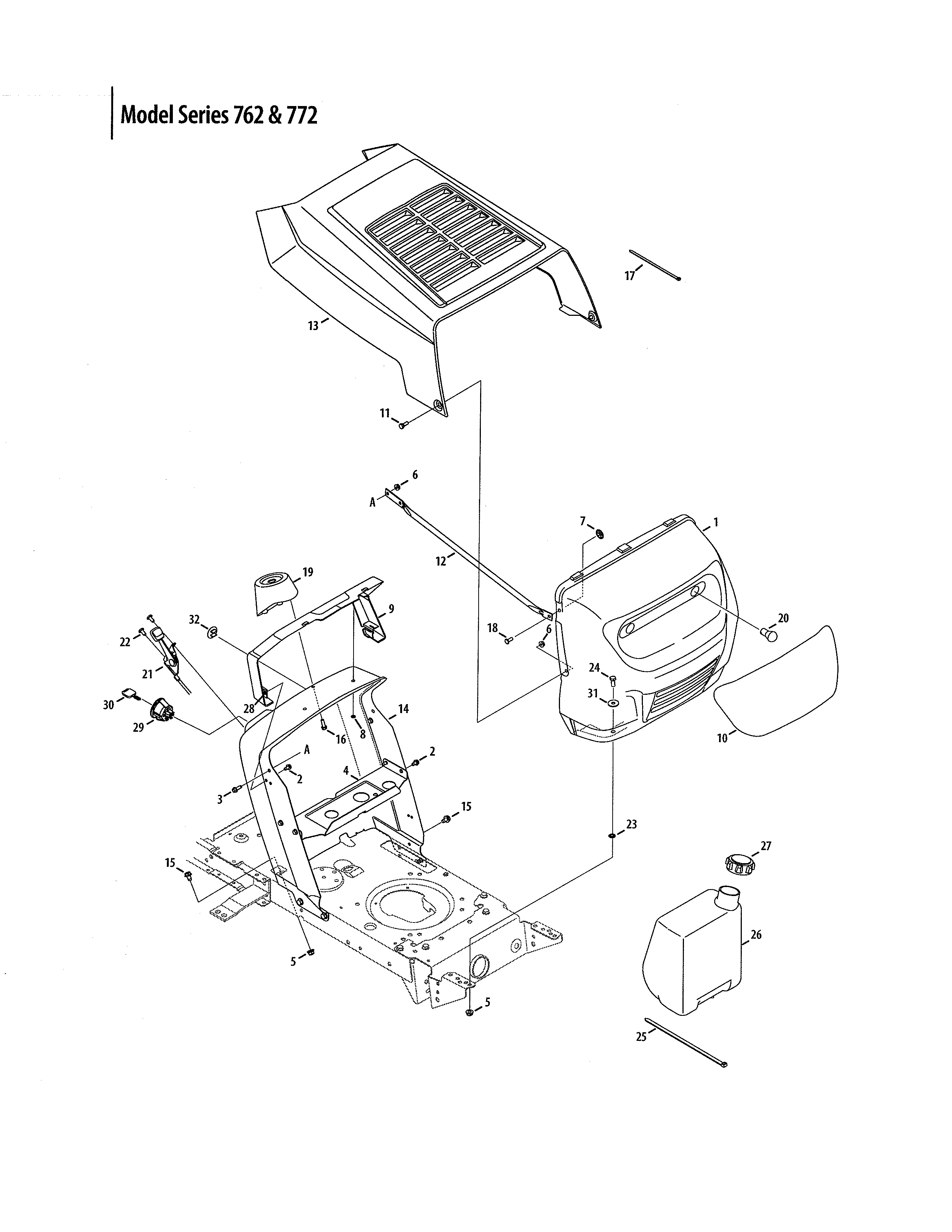 MTD 13AO772G055 bumper & hood - series 762 & 772 diagram