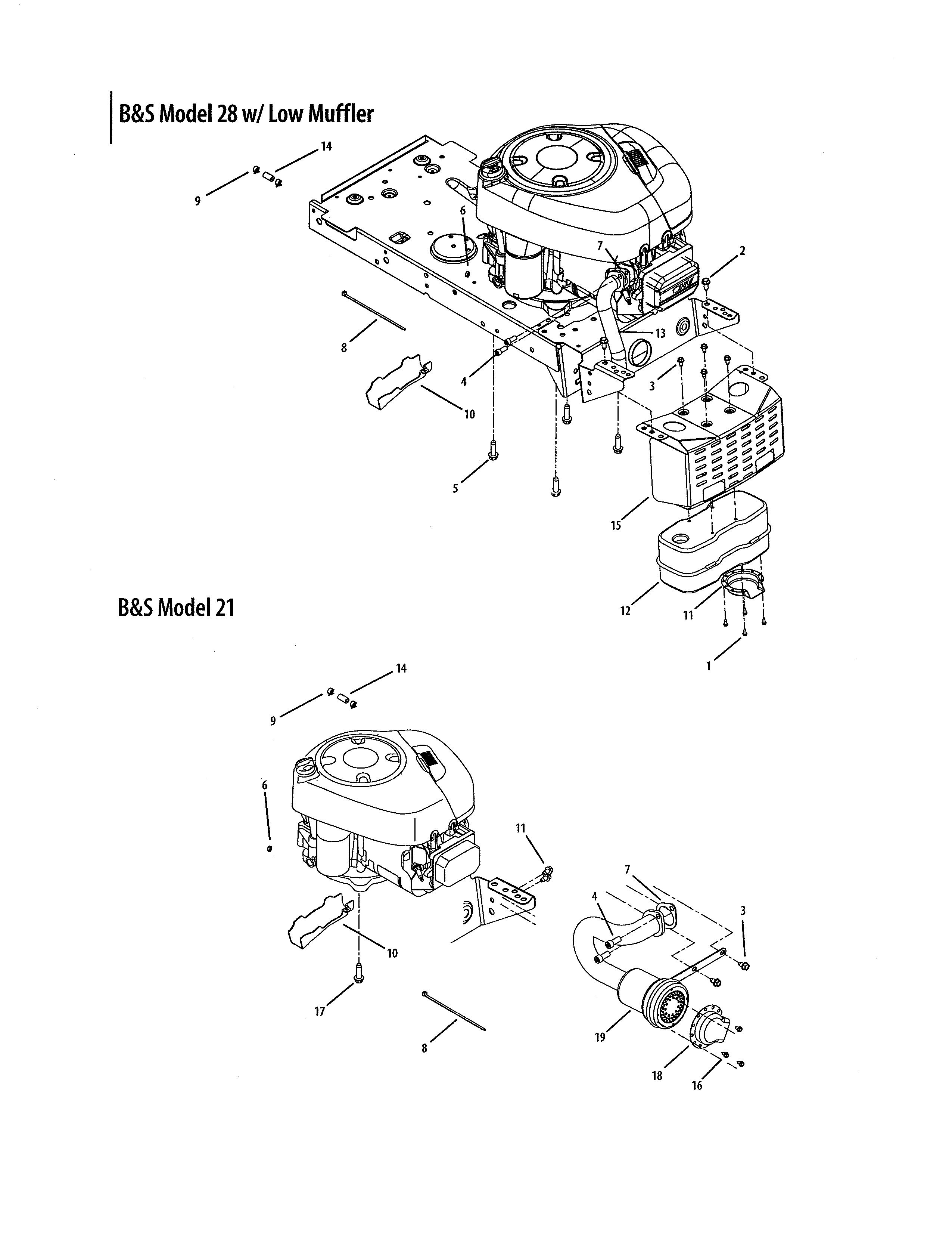 MTD 13AO772G055 b&s 28 w/low muffler/b&s 21 diagram