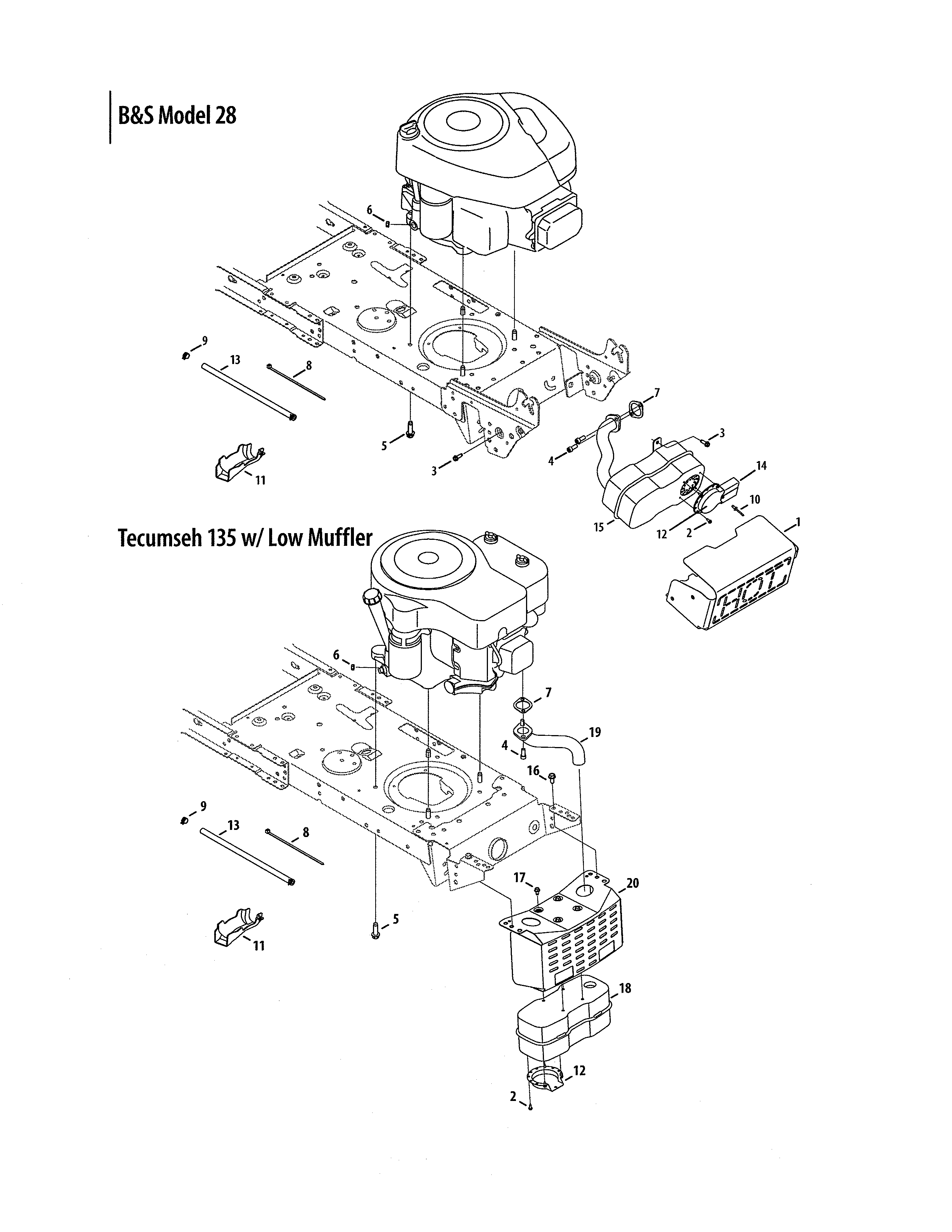 MTD 13AO772G055 b&s 28/tecumseh 135 w/low muffler diagram