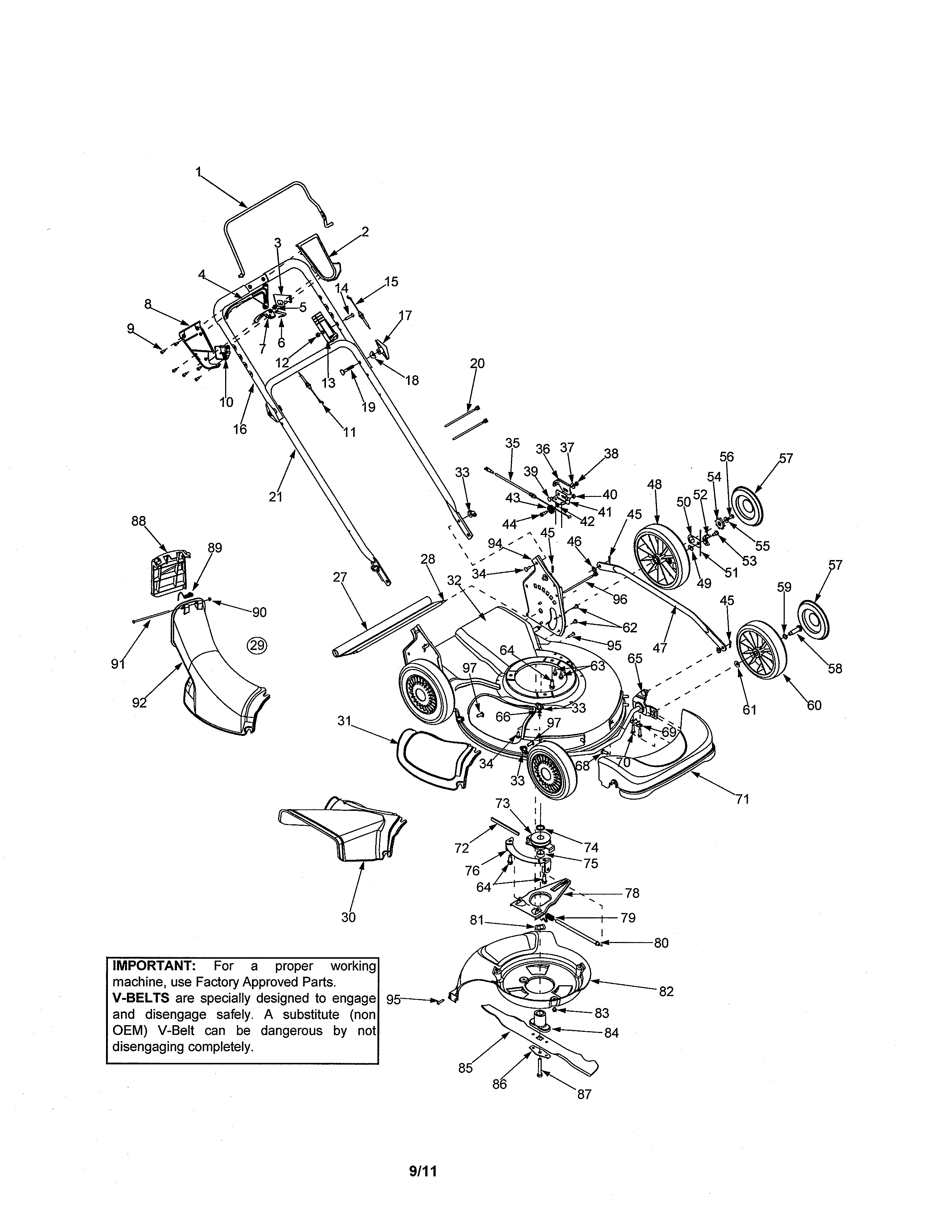 Yard-Man 12A-978Q701 handle/chute/wheels diagram