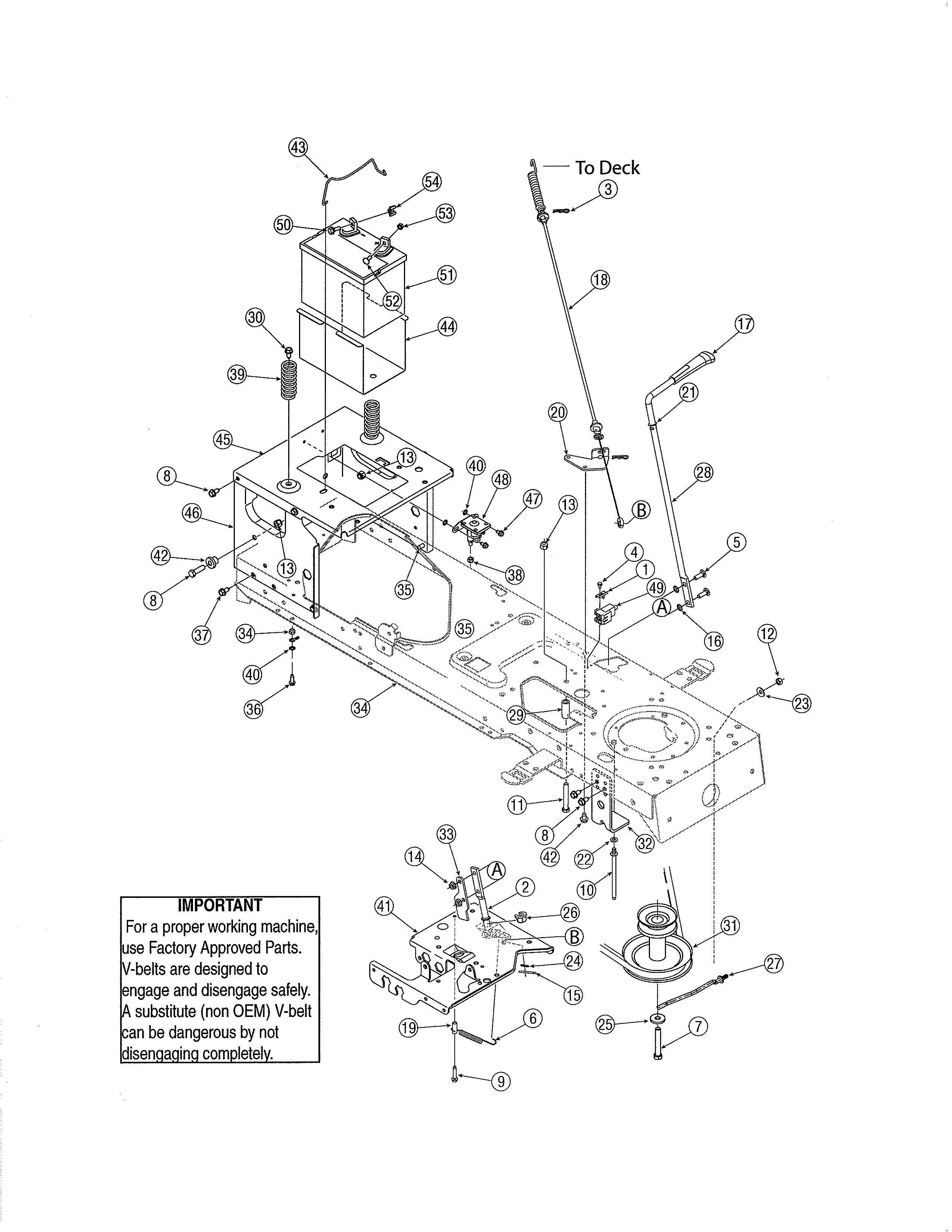 Yard-Man 13AX605G755 frame/battery - 46" deck - manual pto diagram