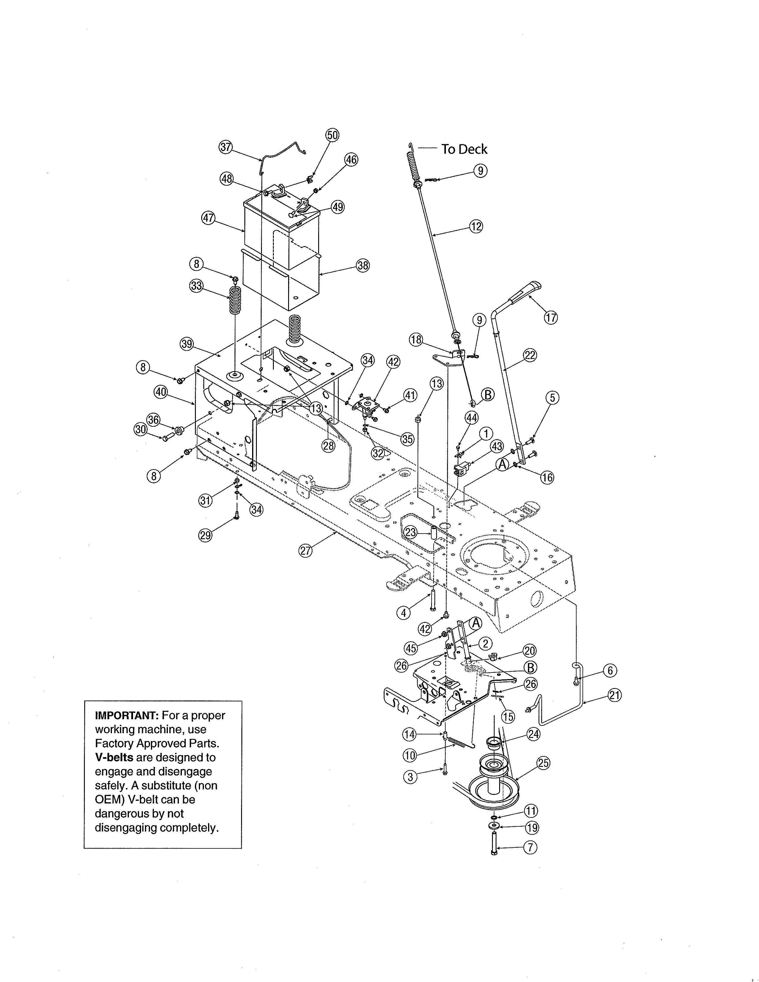 Yard-Man 13AT604H755 battery/frame - 42" deck diagram