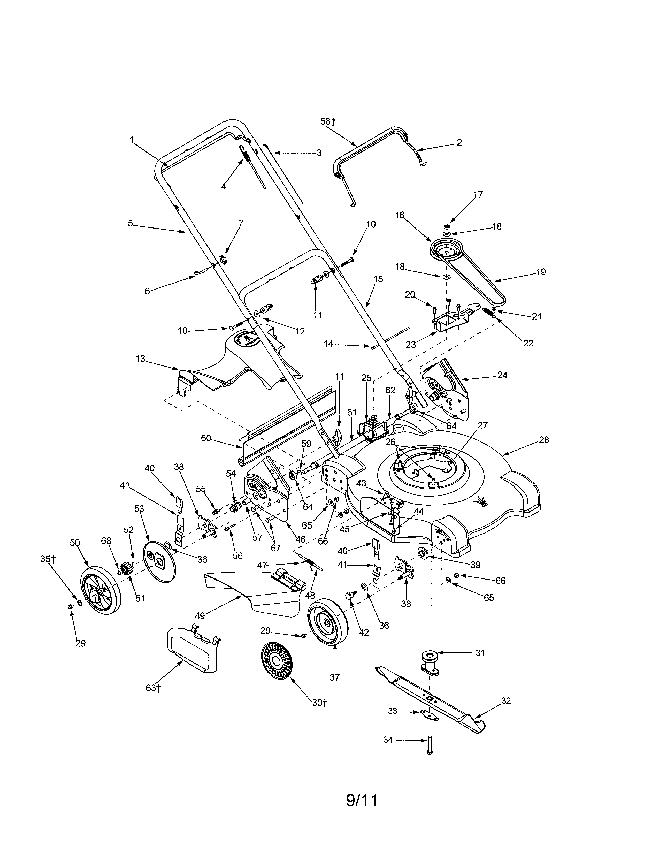 MTD 12A-289W722 handle/wheels diagram