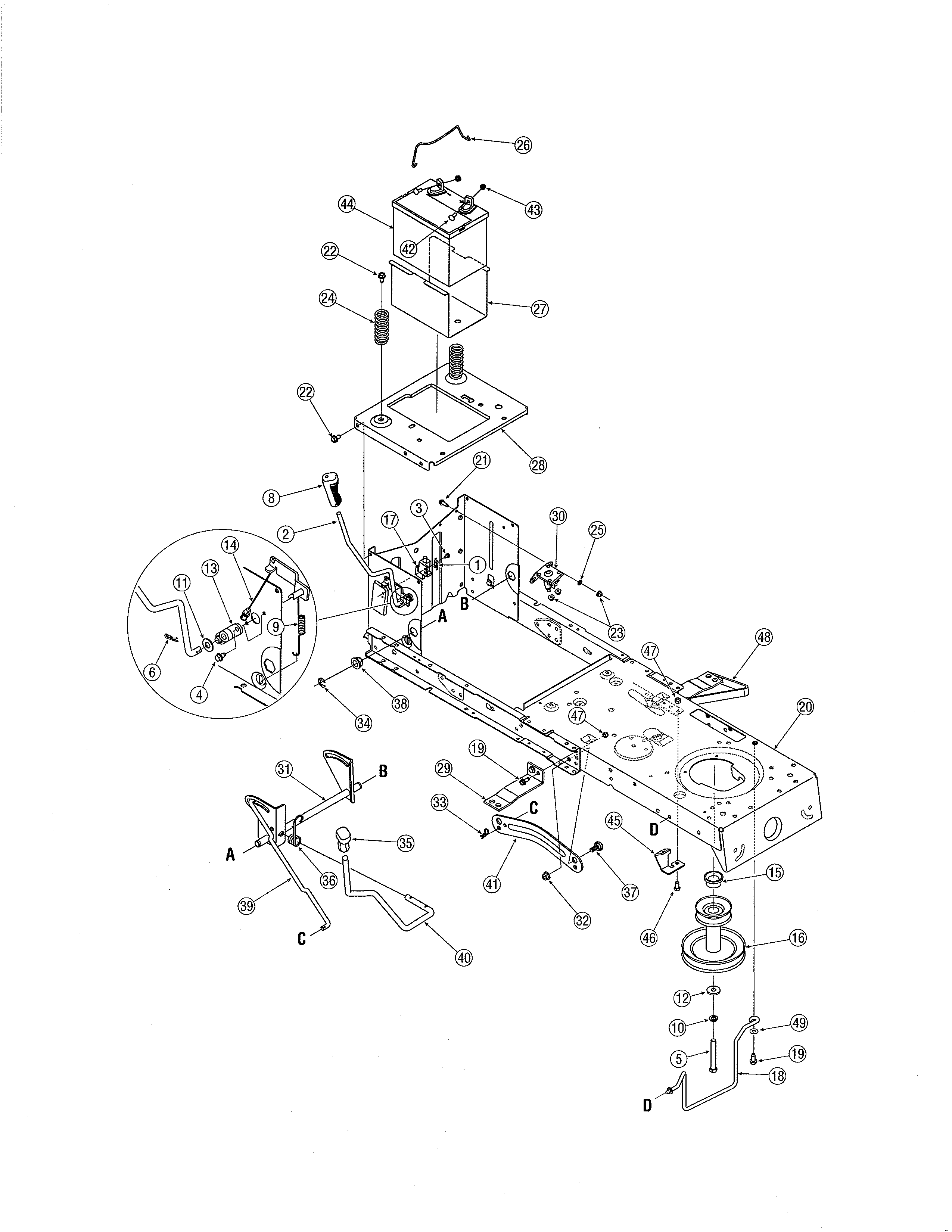 MTD 13AJ795G730 frame/battery diagram
