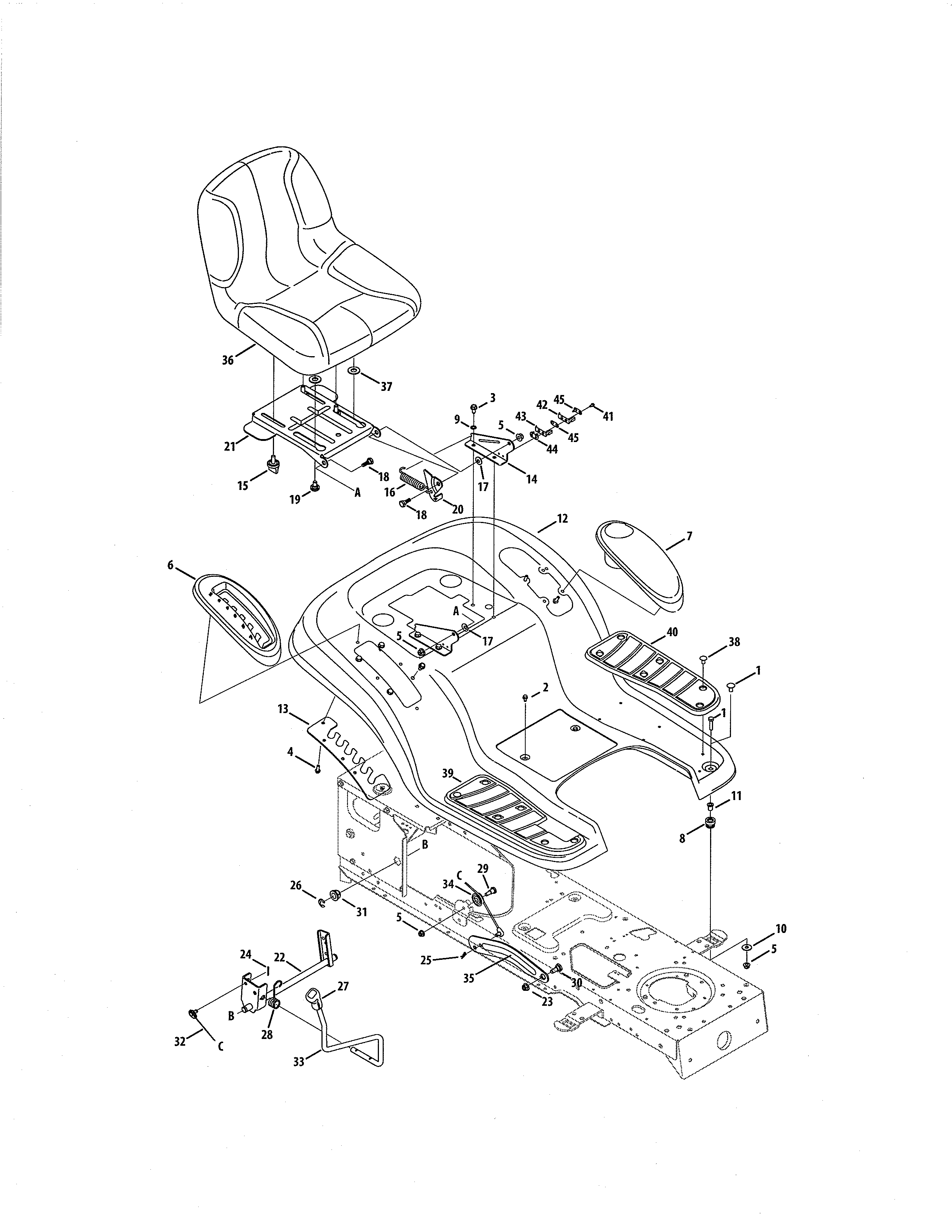MTD 13AX615G055 4-style fender/deck lift/seat diagram