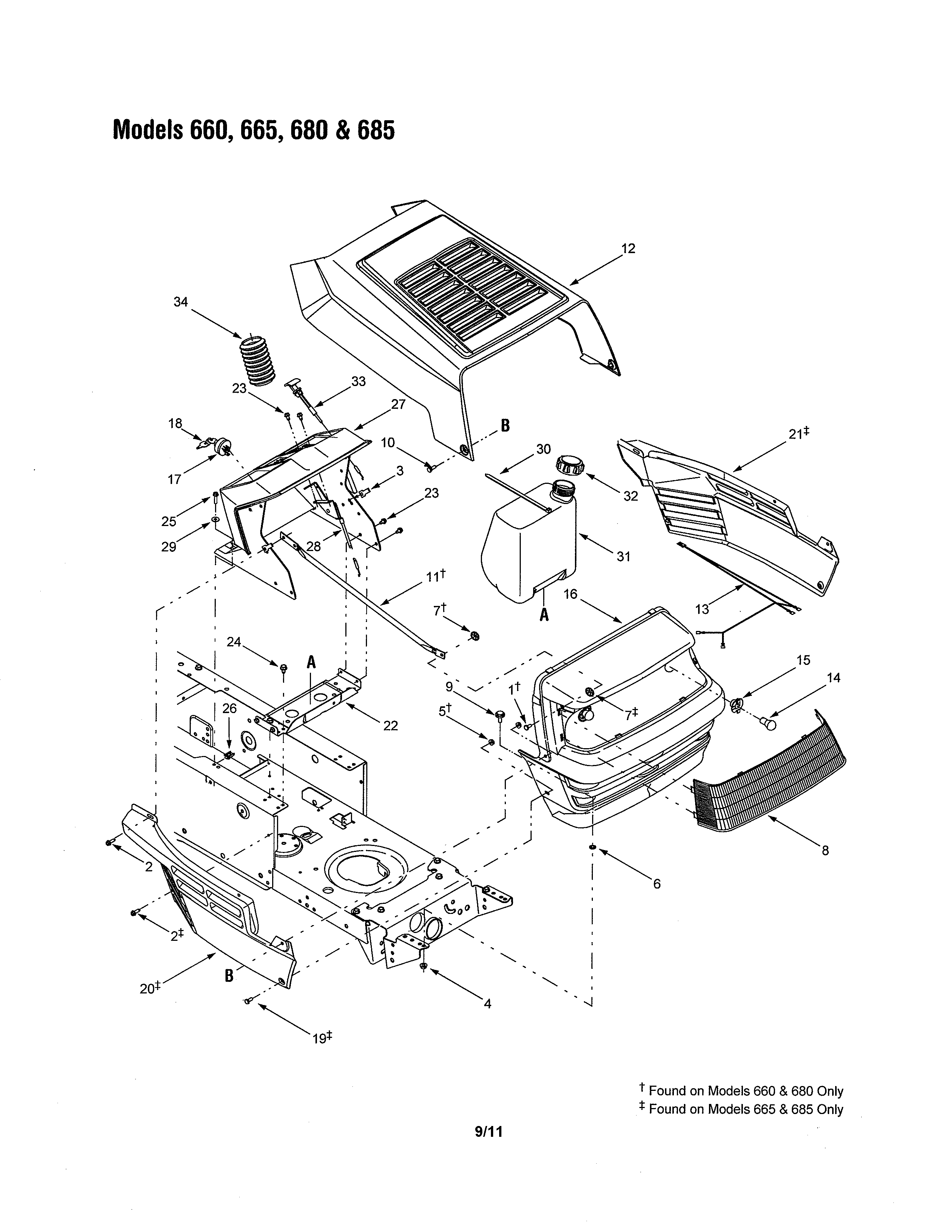 MTD 13AF685G700 hood & bumper - 660, 665, 680, 685 diagram