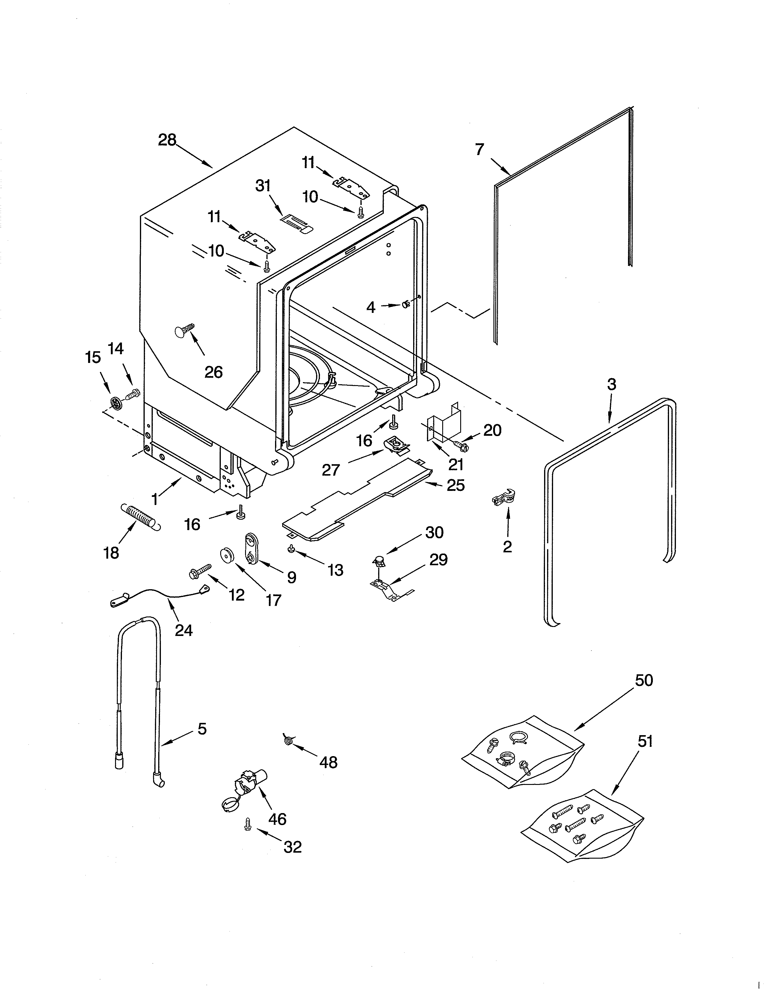 KitchenAid KUDS01FLBT7 tub & frame diagram
