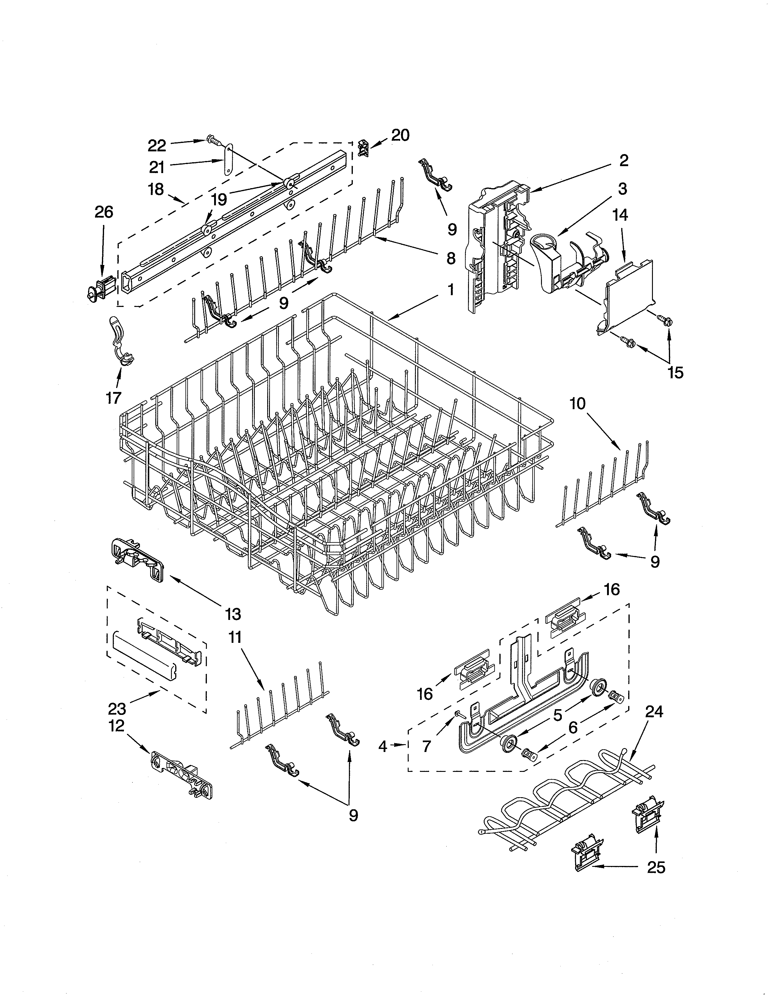 KitchenAid KUDS01FLBT7 upper rack & track diagram