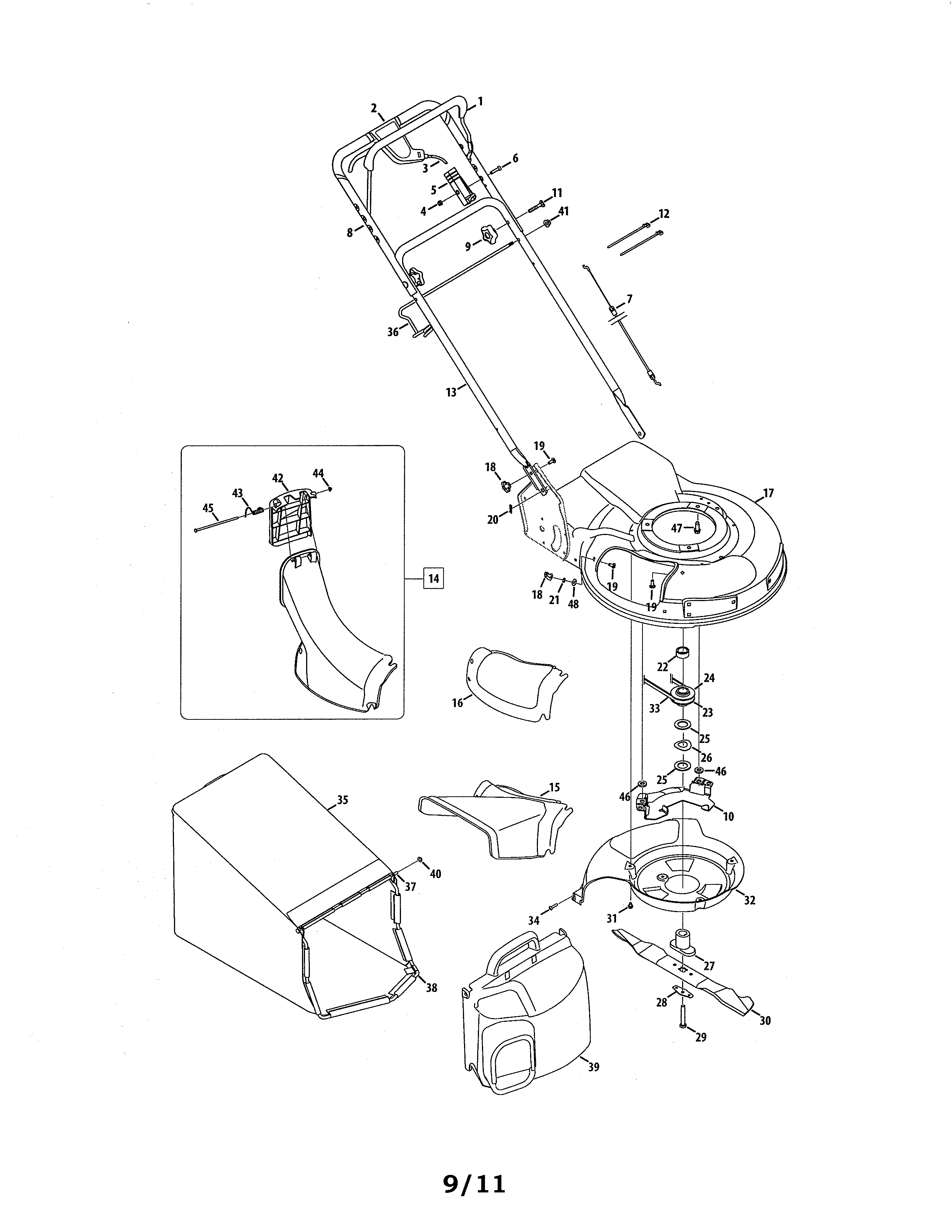 MTD 12A-989Q795 grassbag/handle diagram