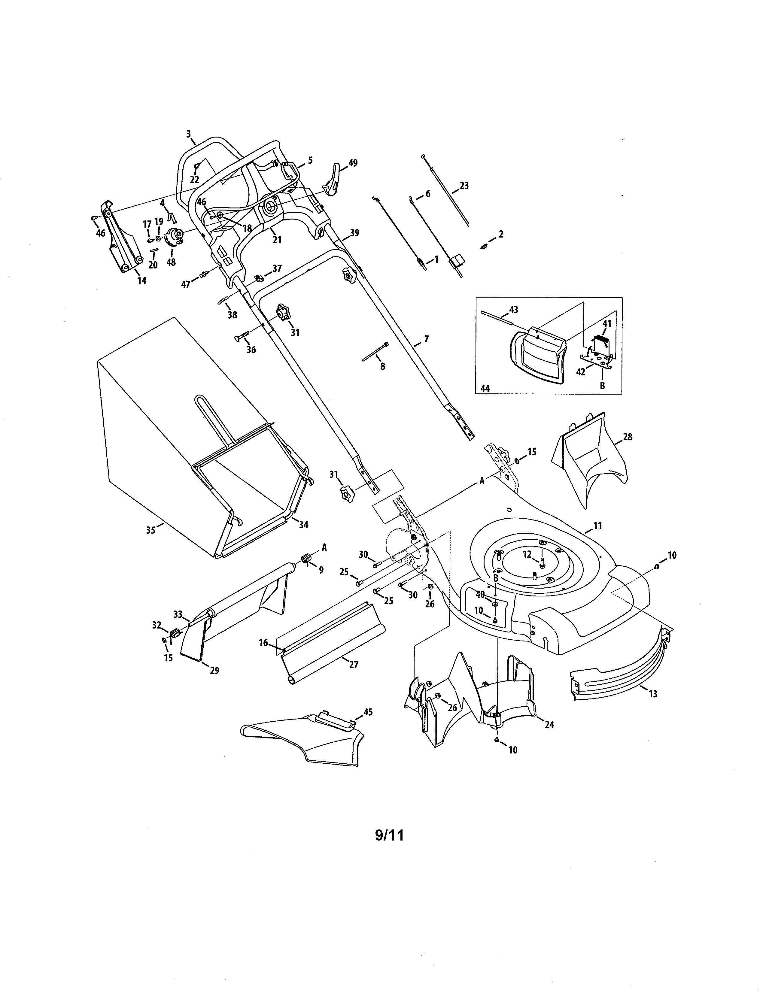 MTD 12AI832Q724 handle/grassbag/deck diagram