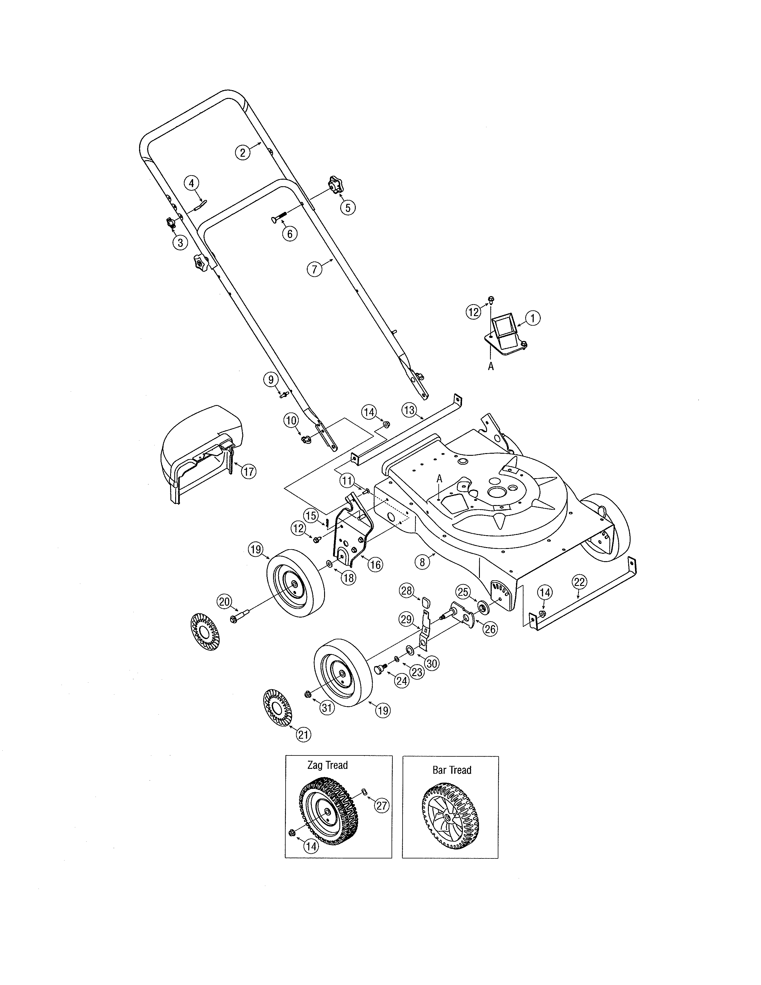 MTD 24A-020E762 handle/wheels diagram
