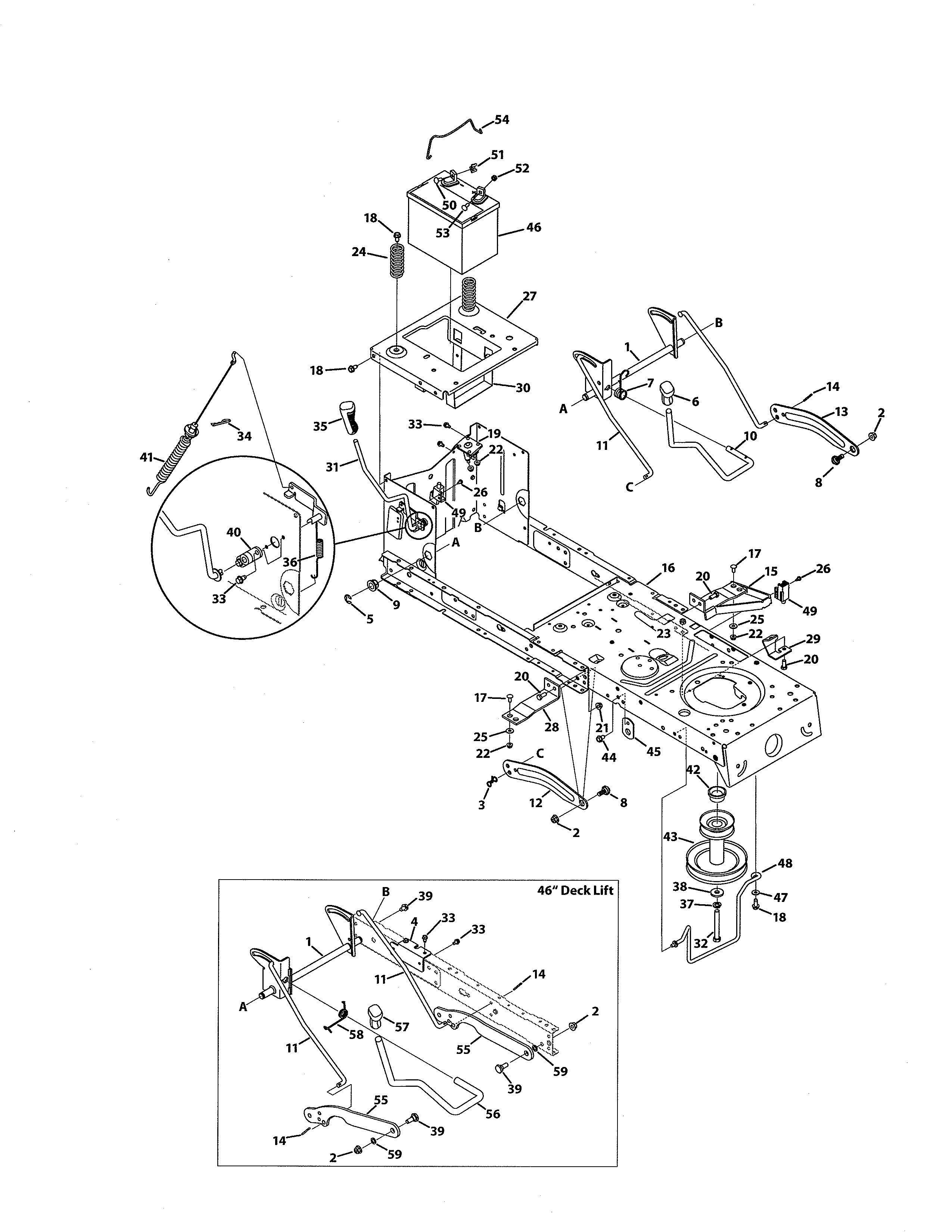 MTD 13AJ795G059 frame & pto lift diagram