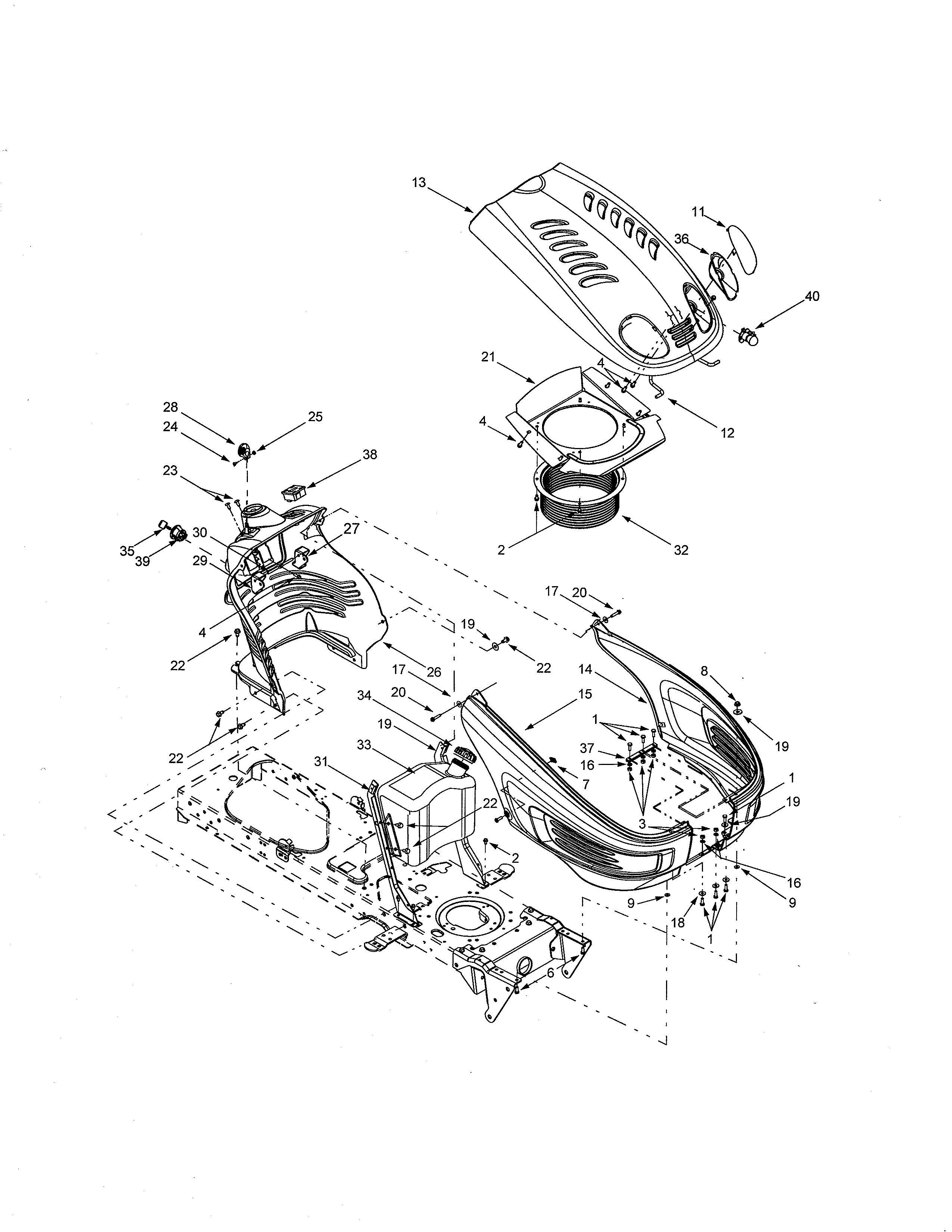Yard-Man 13AX614G701 hood/fuel tank diagram