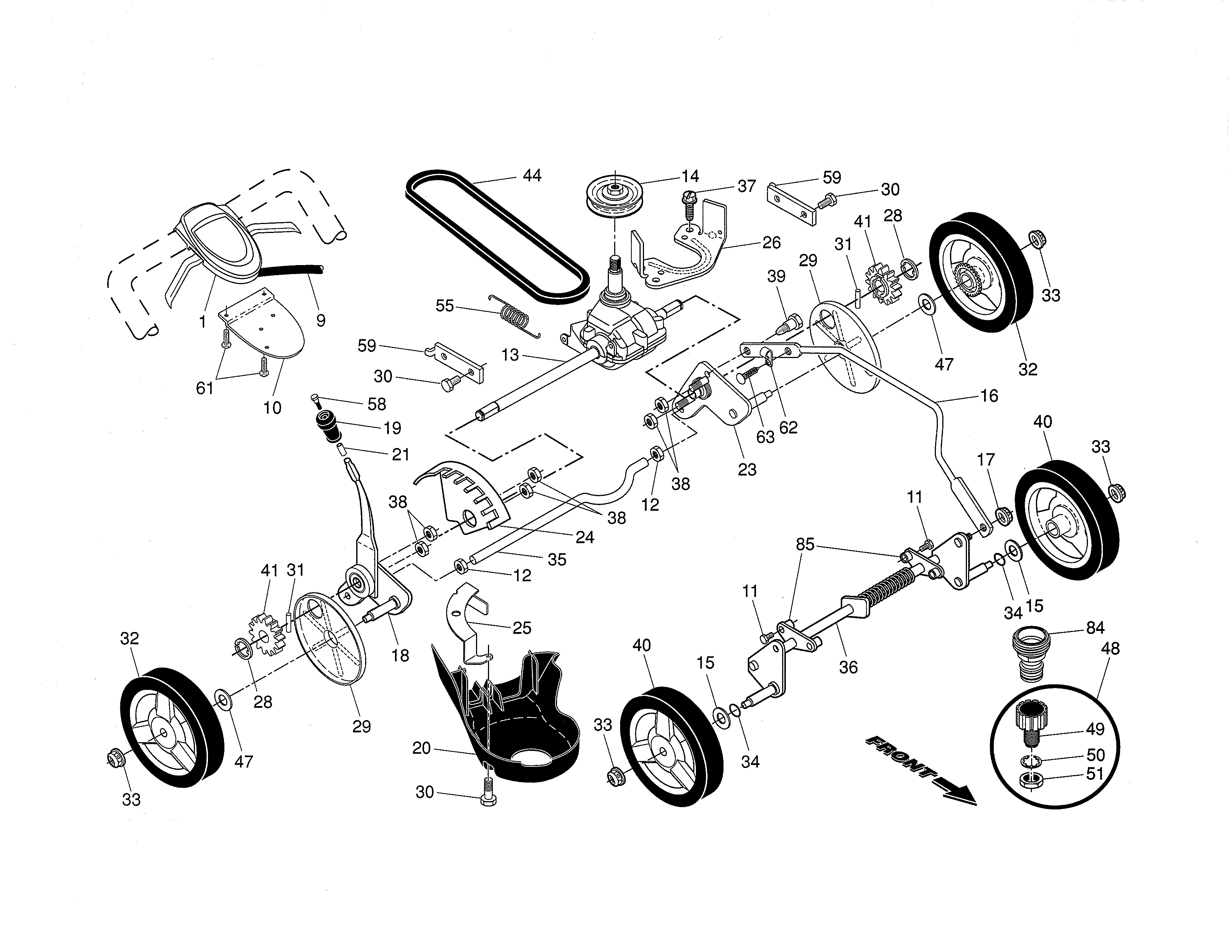 Husqvarna 917380960 drive control/gear case/wheels diagram