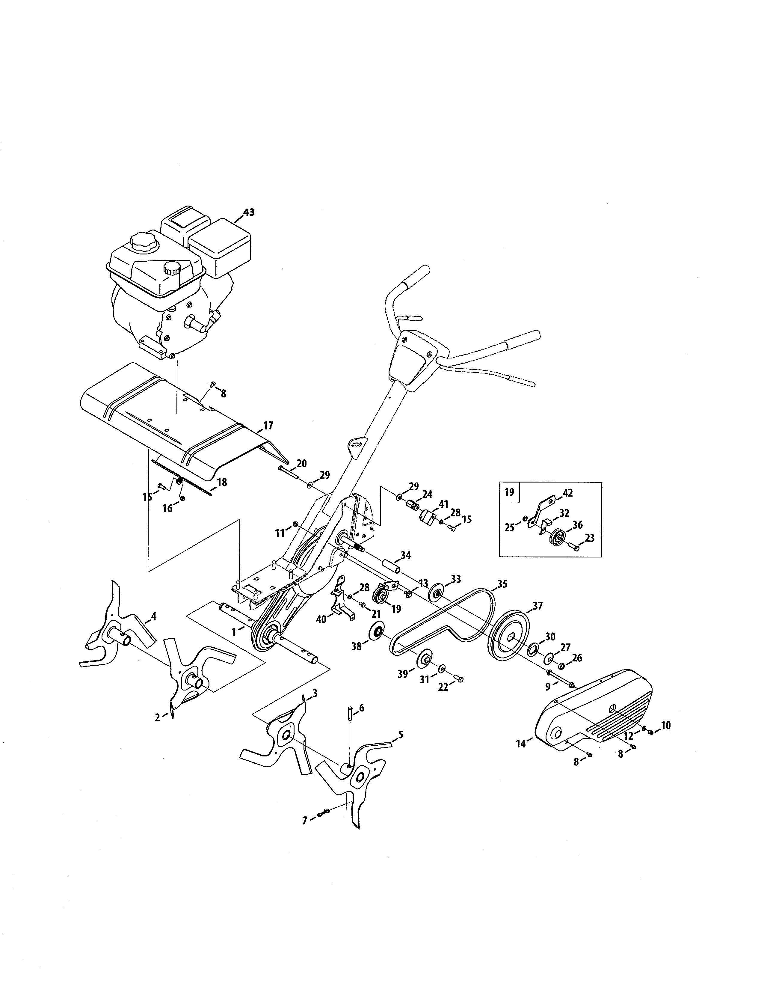 MTD 21A34M5099 tines/engine diagram