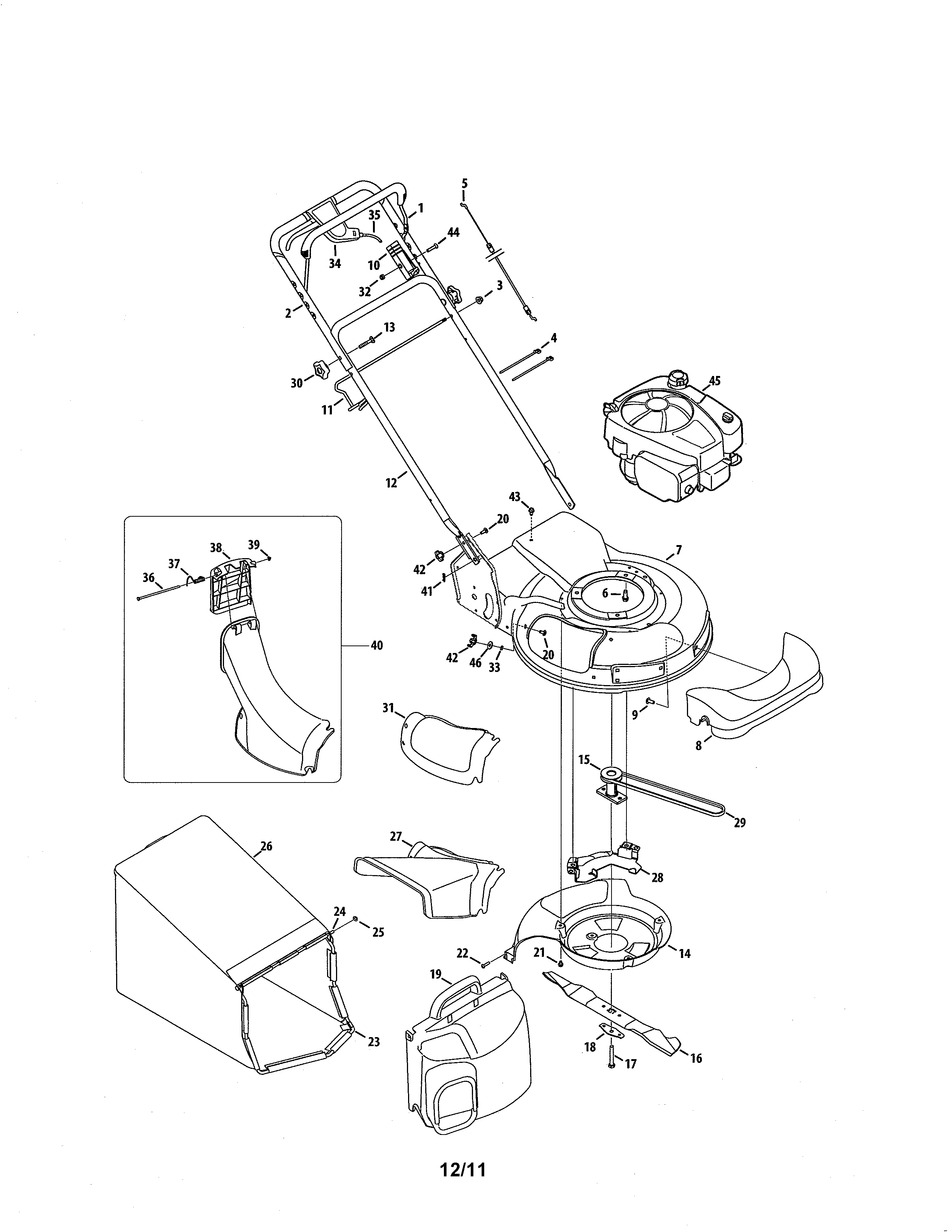 MTD 12A948J099 handle/deck/chute diagram