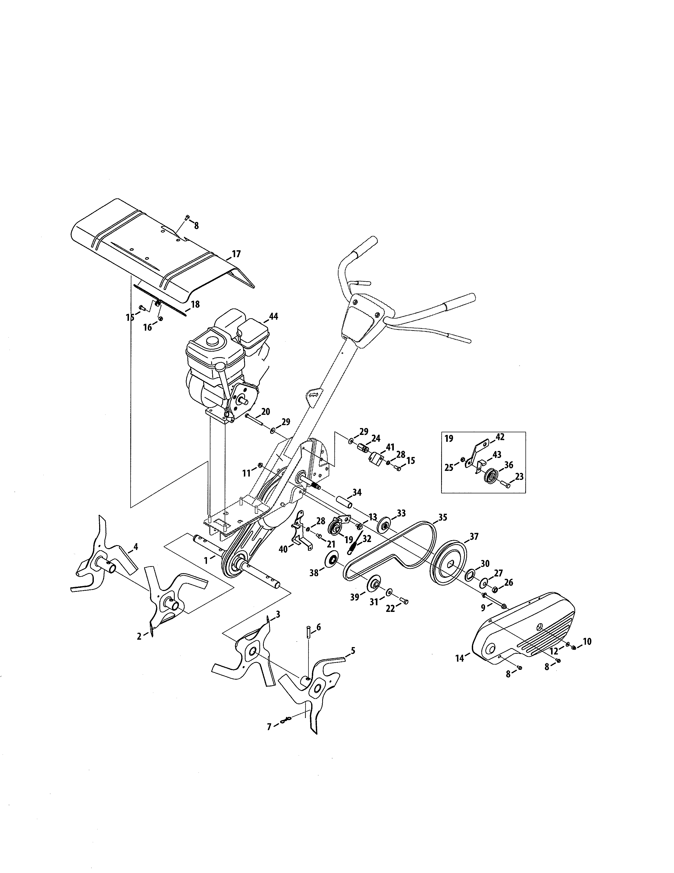MTD 21A-344E299 tines/engine diagram