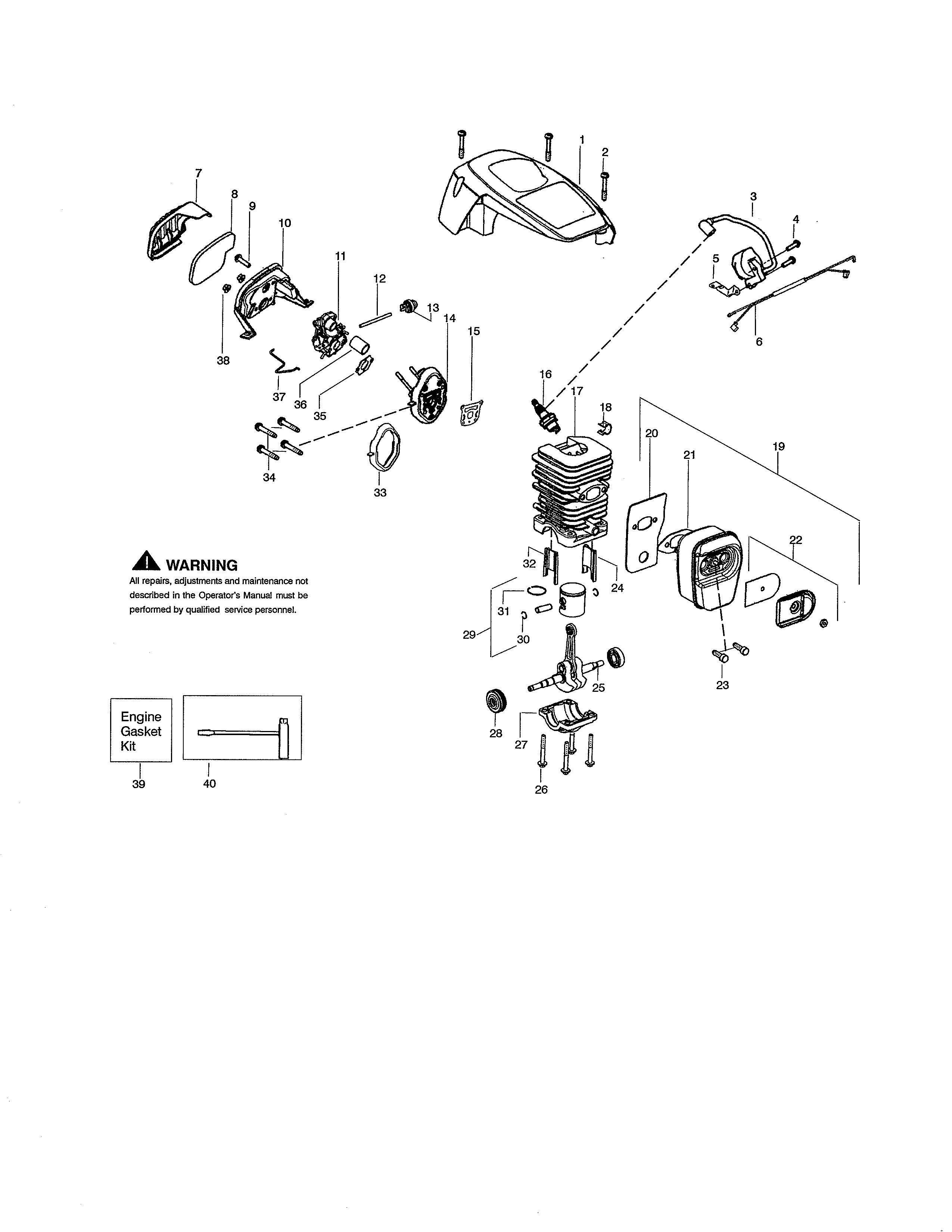 Poulan P3816 TYPE 2 cylinder/shield/crankshaft diagram