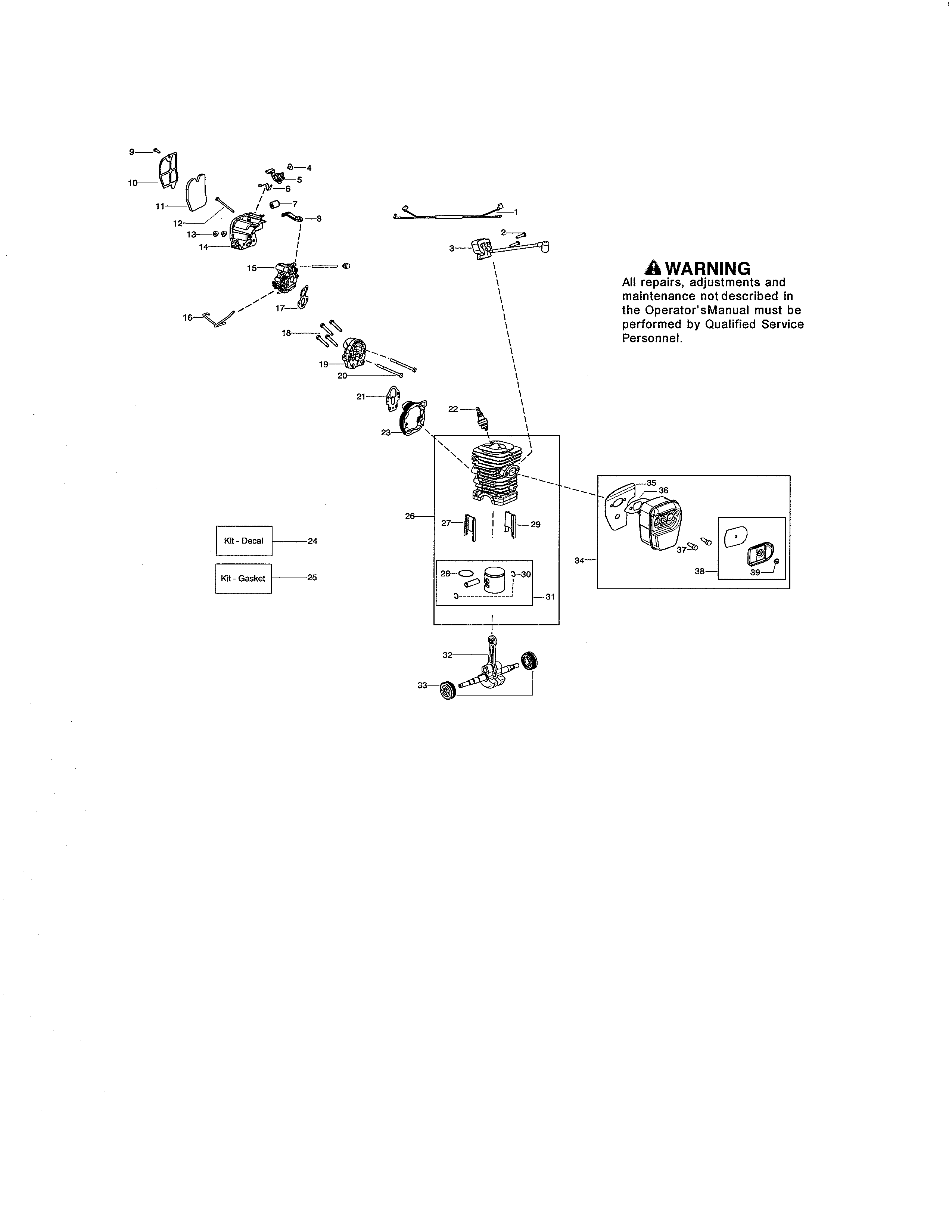Poulan GZ380 cylinder/muffler/crankshaft diagram