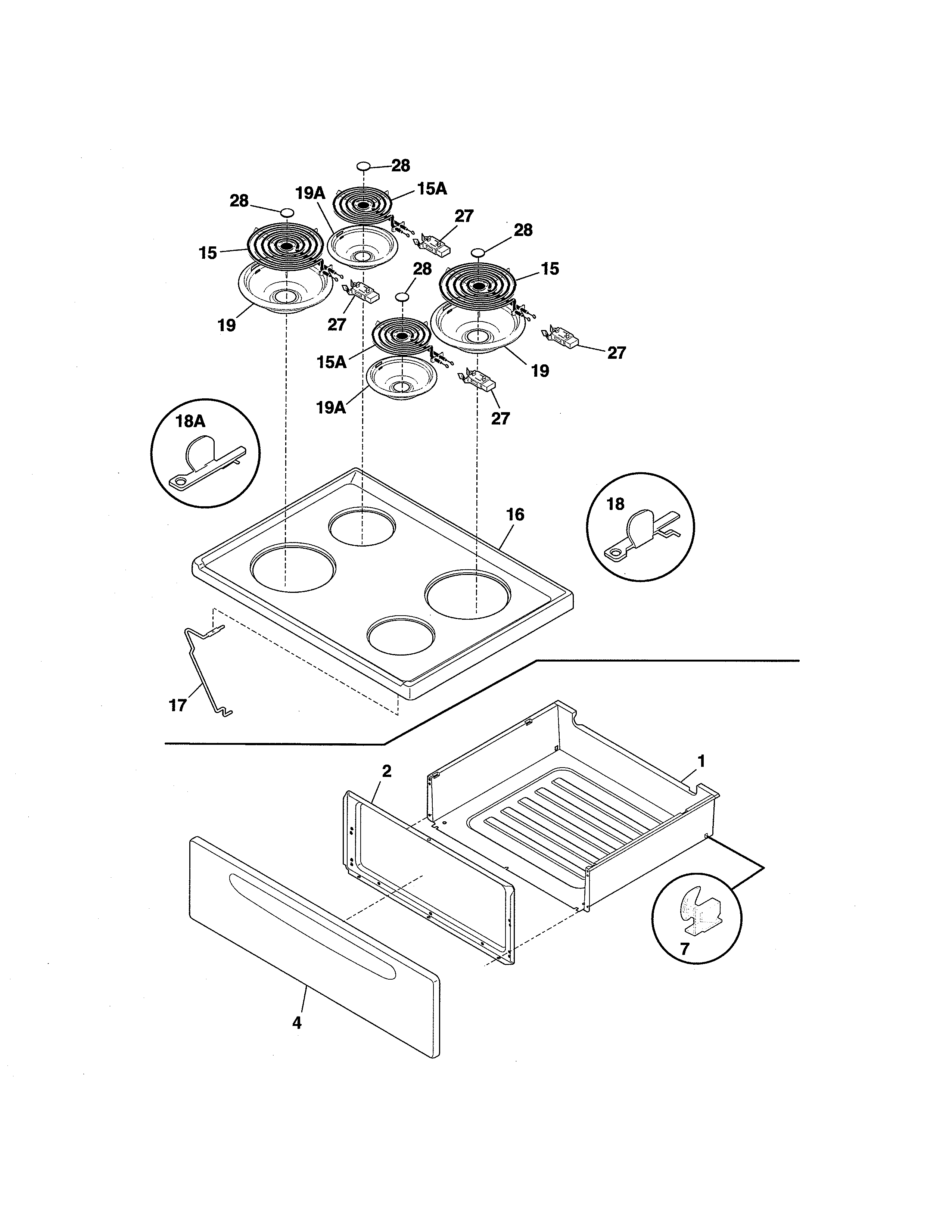 Tappan TEF317BWE top/drawer diagram