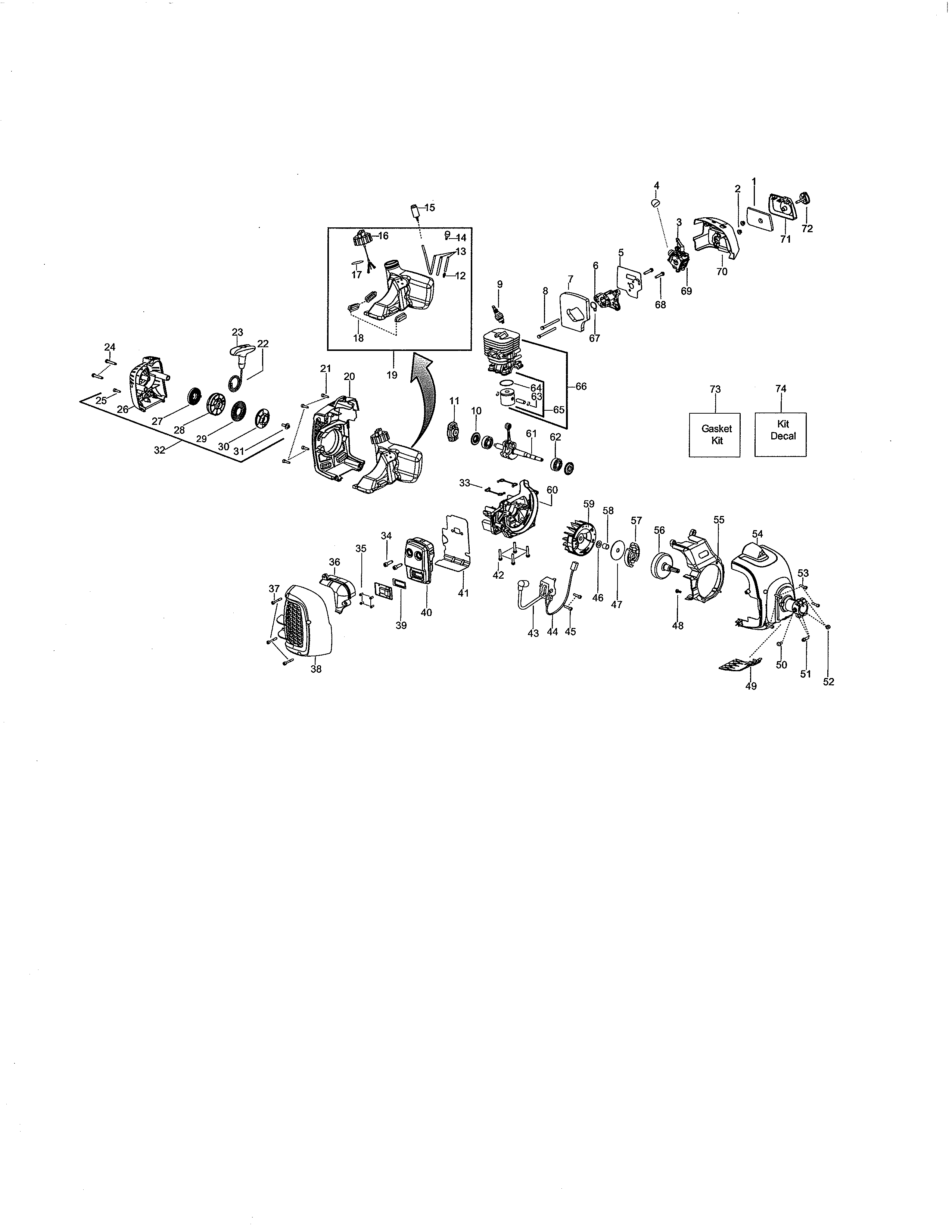 McCulloch B28PS cylinder/muffler/fuel tank diagram