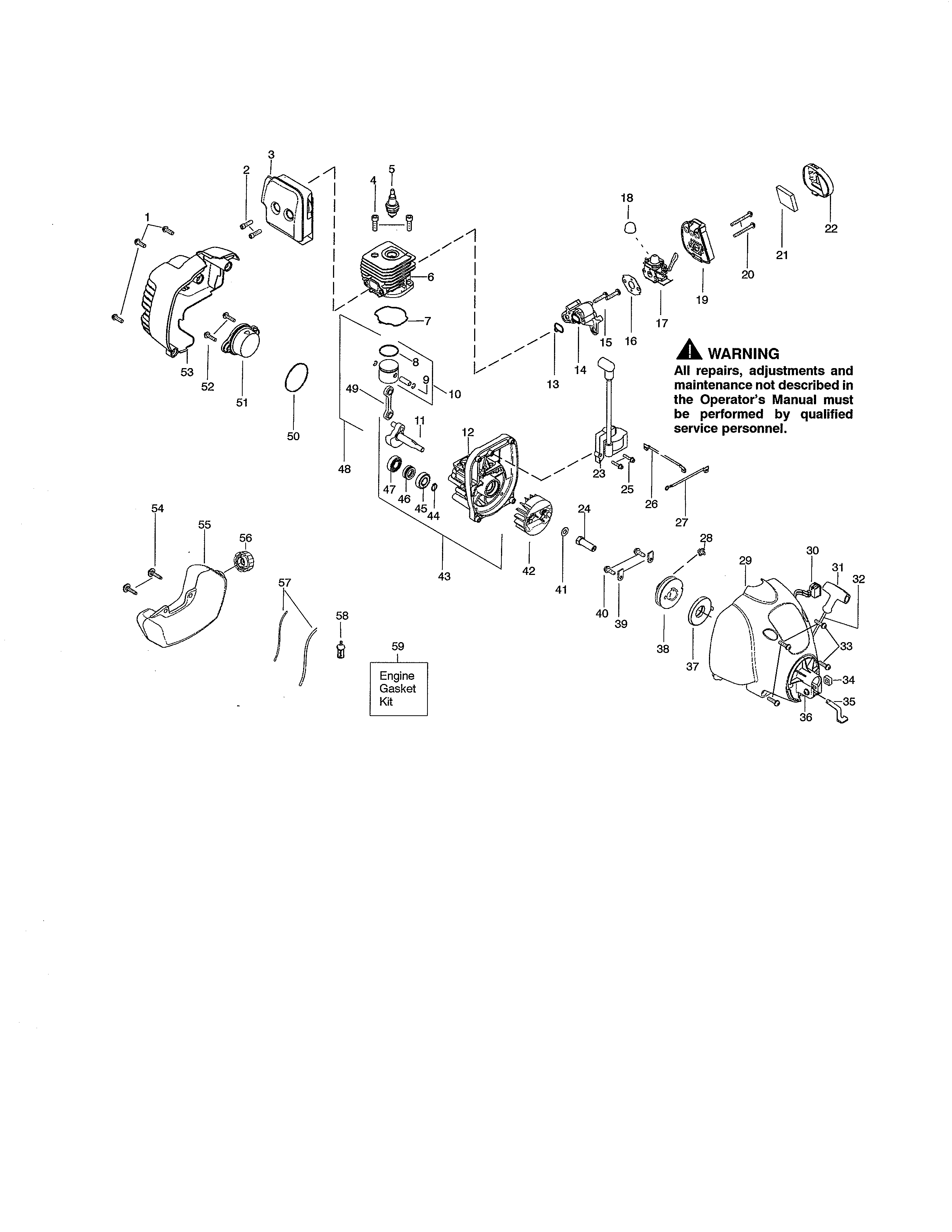 Poulan P1500 S.A. TYPE 2 cylinder/crankcase/fuel tank diagram