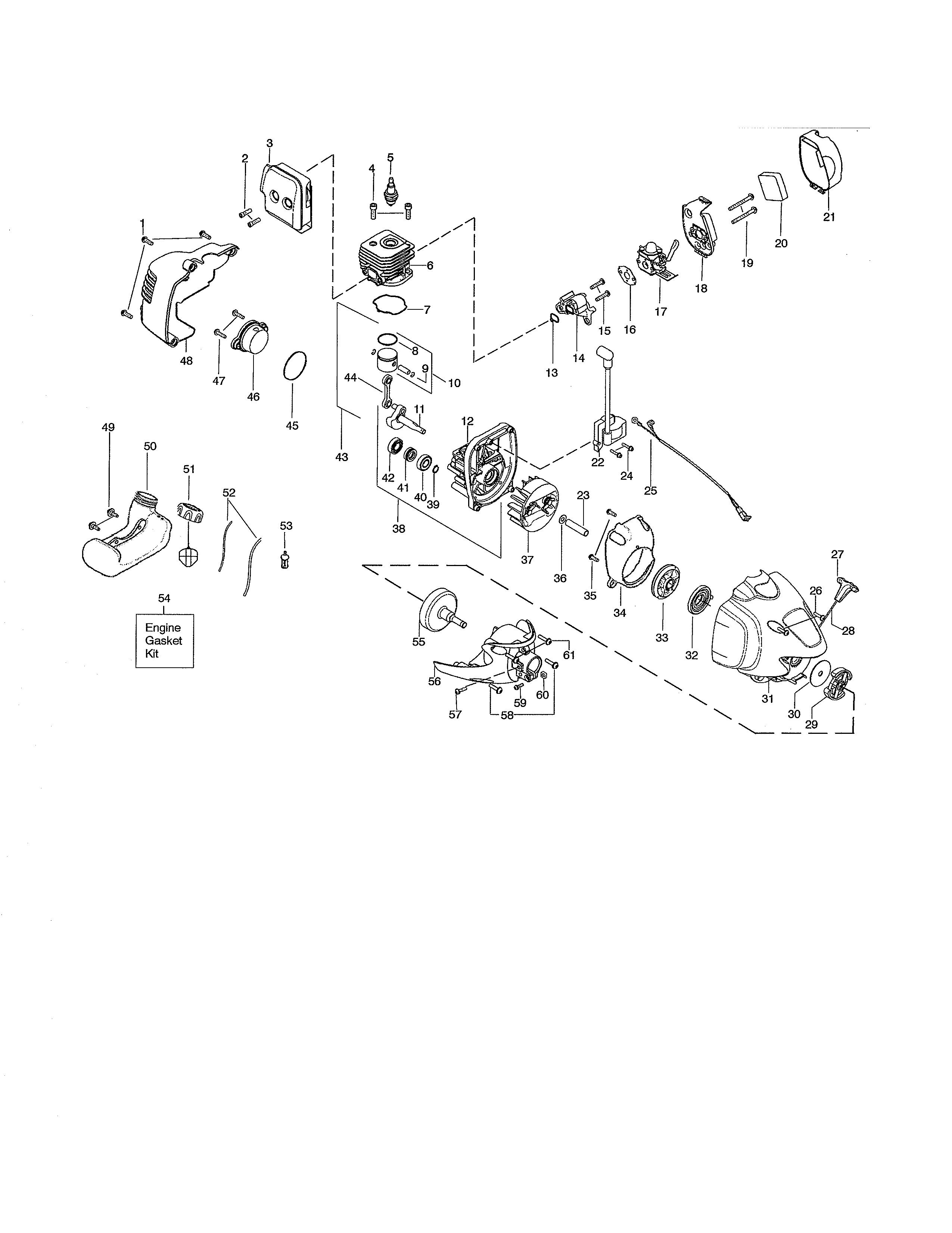Poulan PP025 TYPE 2 fuel tank/cylinder/crankcase diagram