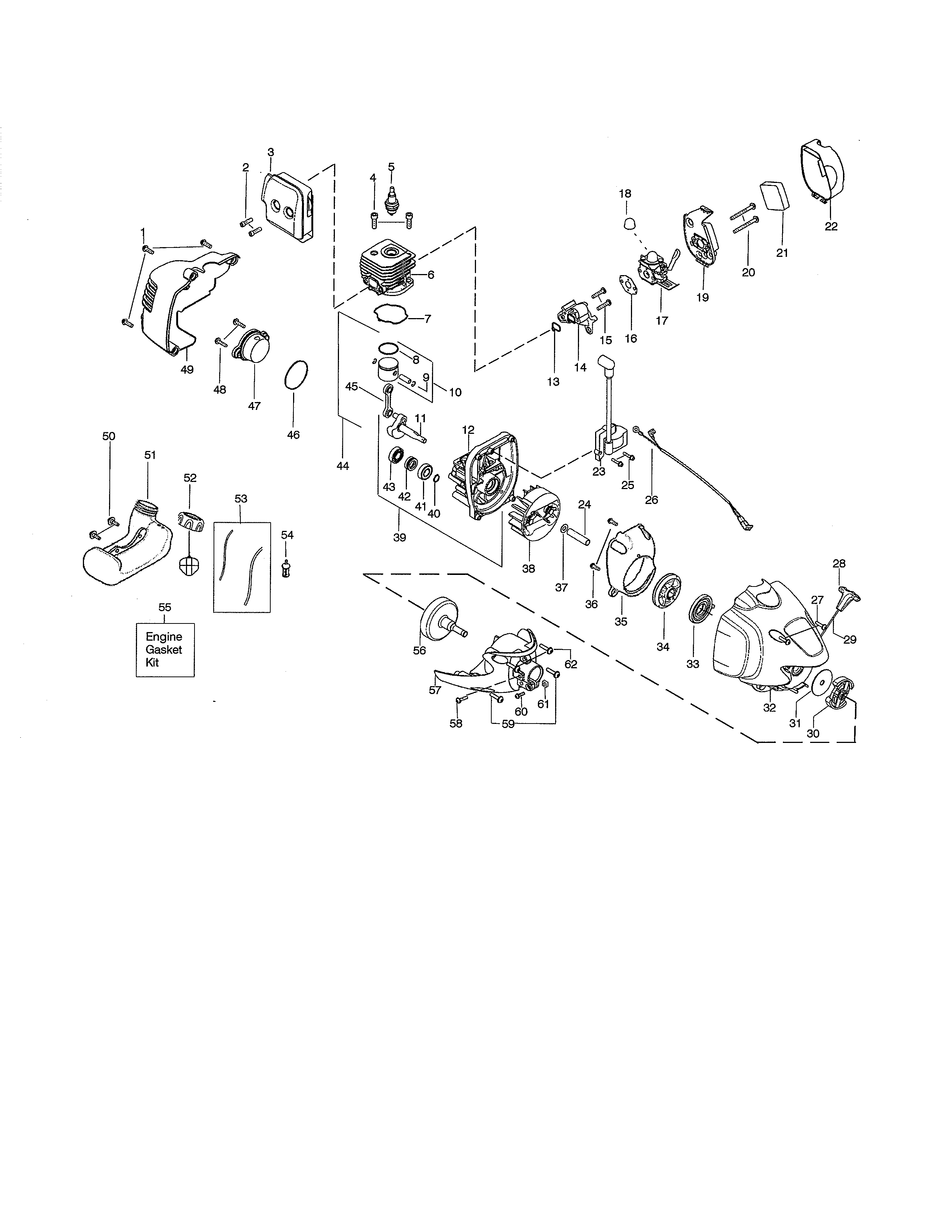 Poulan PP125E cylinder/fuel tank/crankcase diagram