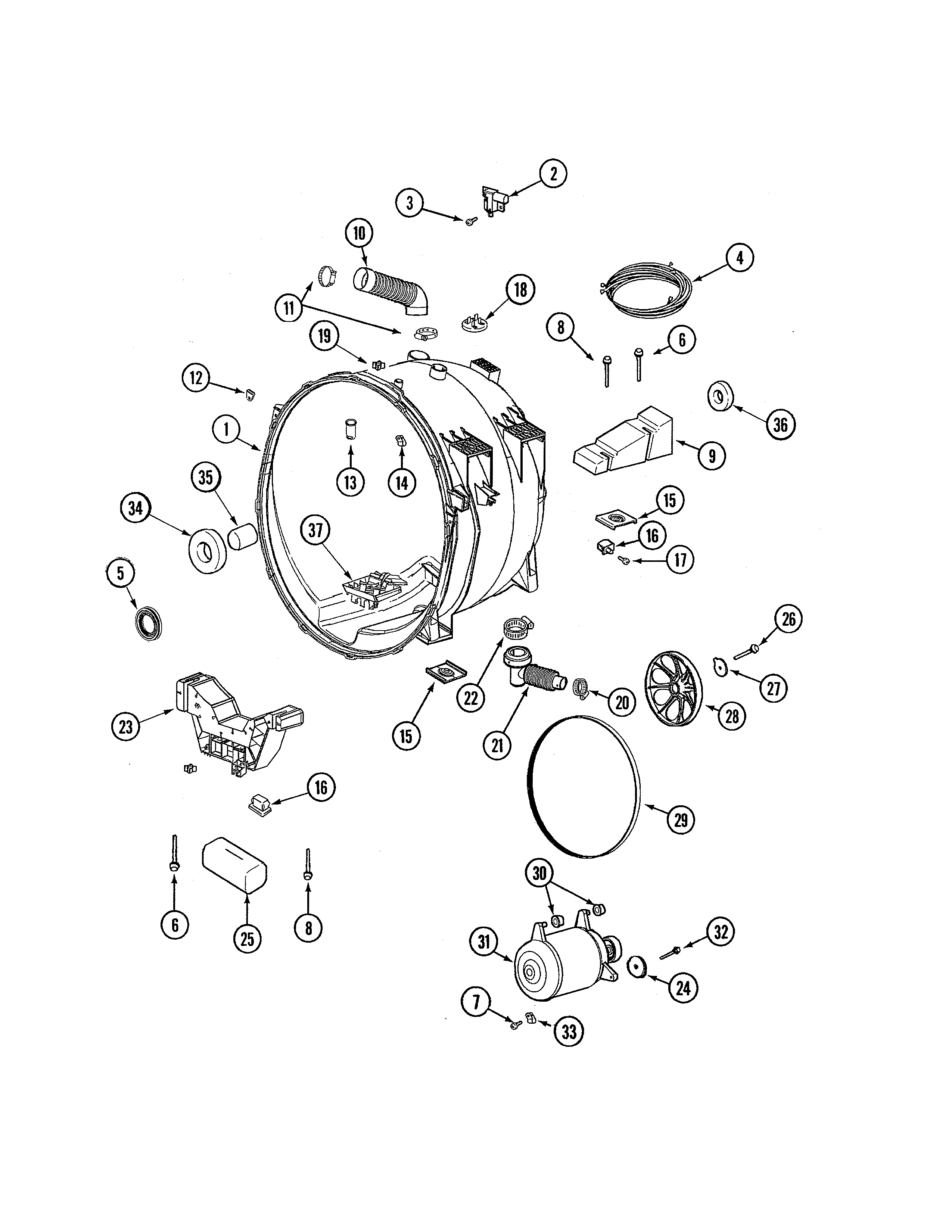 Maytag MAH21PDDWW outer tub & motor diagram