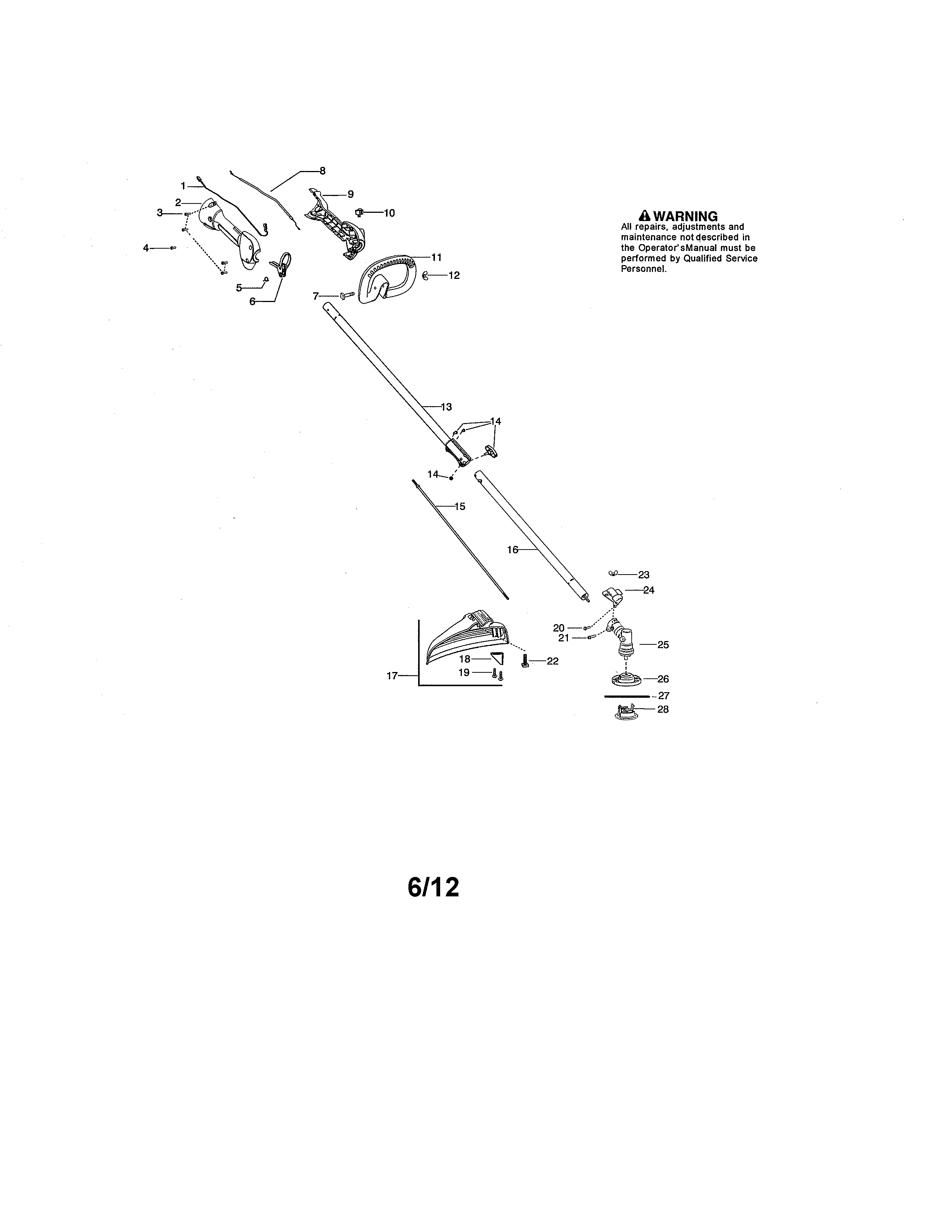 Poulan PP133 TYPE 1 drive shaft/handle/shield diagram