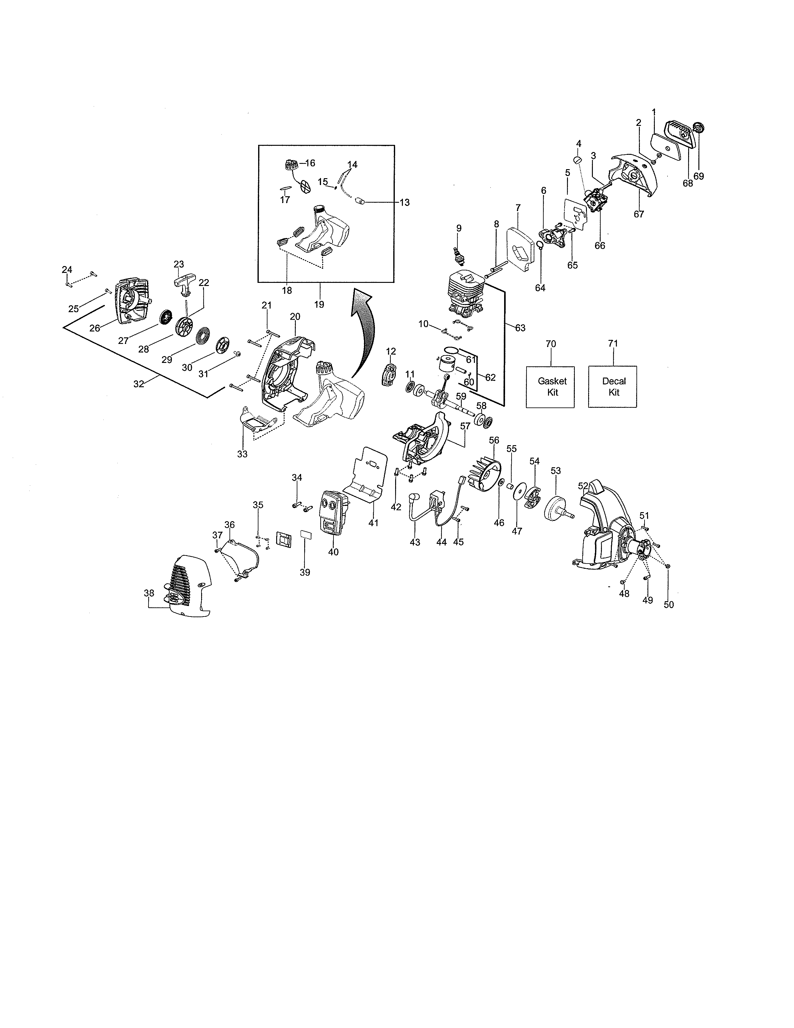 Poulan BC2128 cylinder/muffler/fuel tank diagram