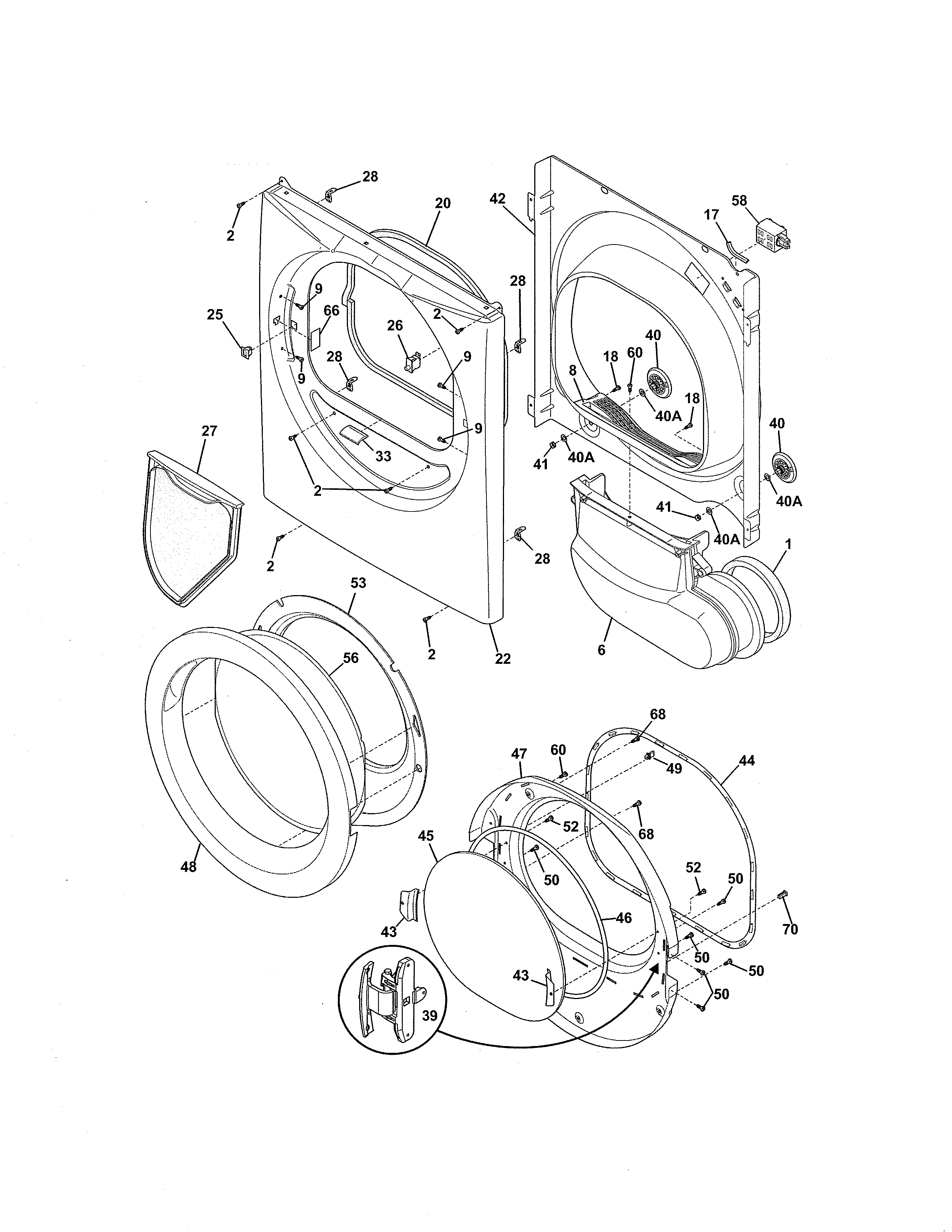 Frigidaire FASE7021NW0 front panel/lint filter diagram