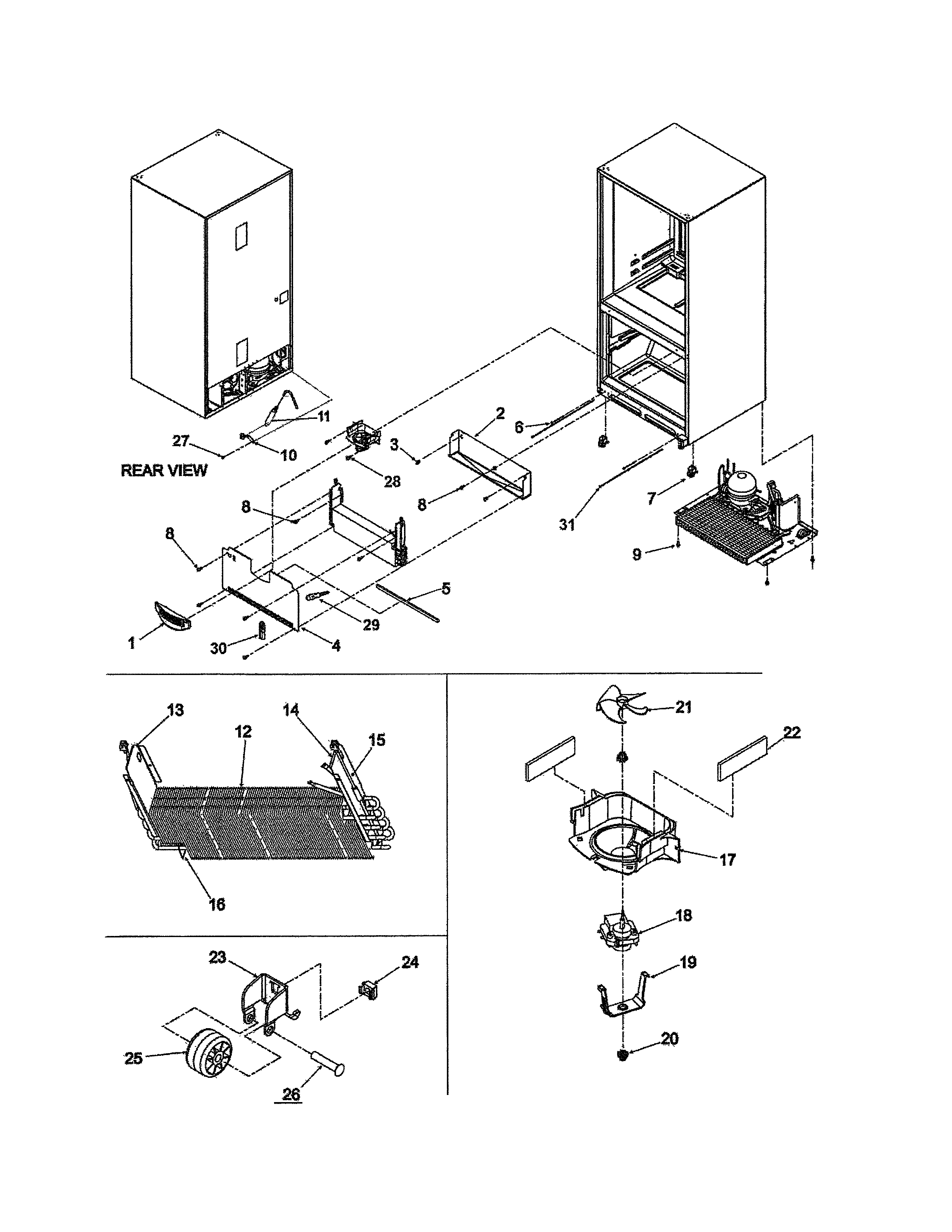 Dacor EF36BNDFSS evaporator/evap motor/rollers diagram