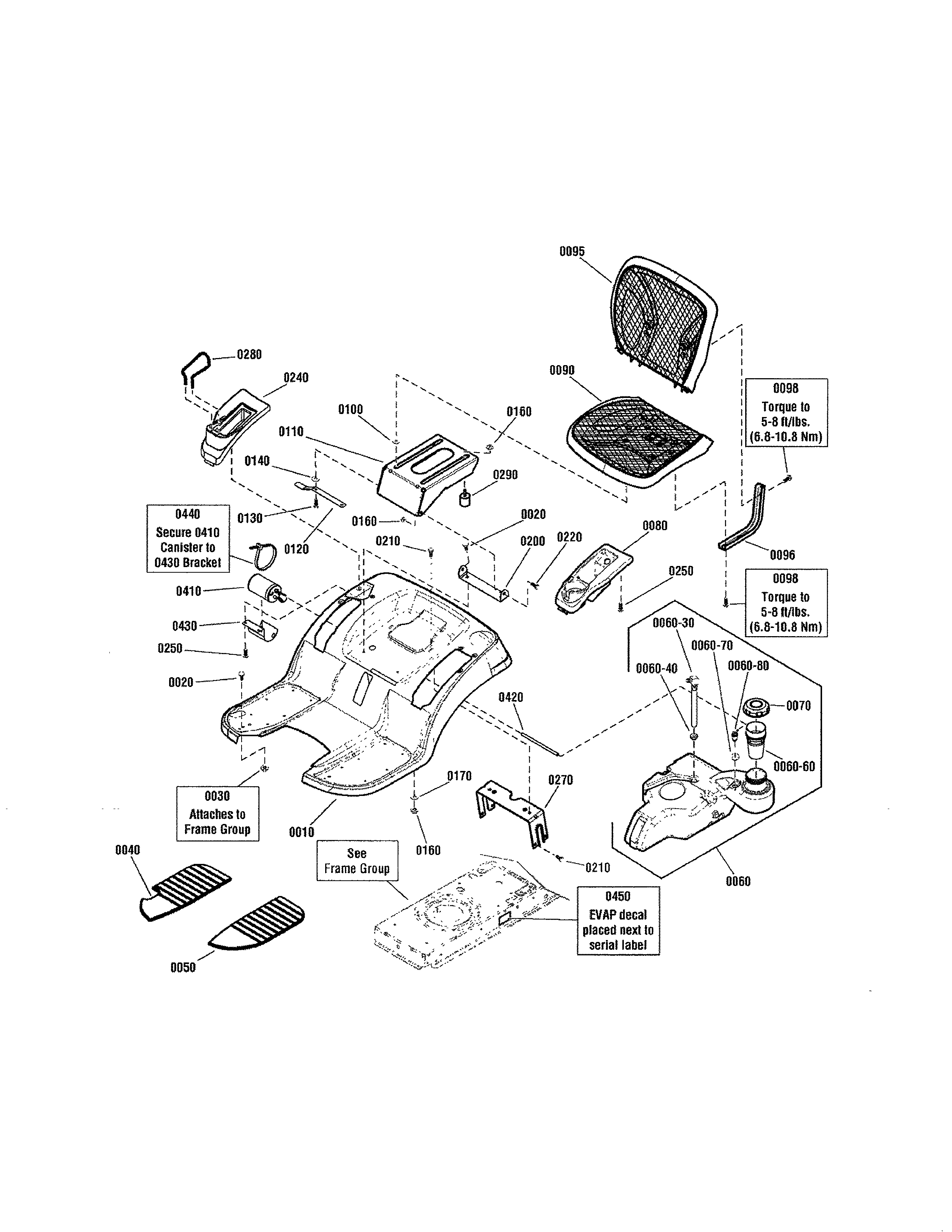 Snapper 2690980 seat deck/fuel tank-evap compliant diagram