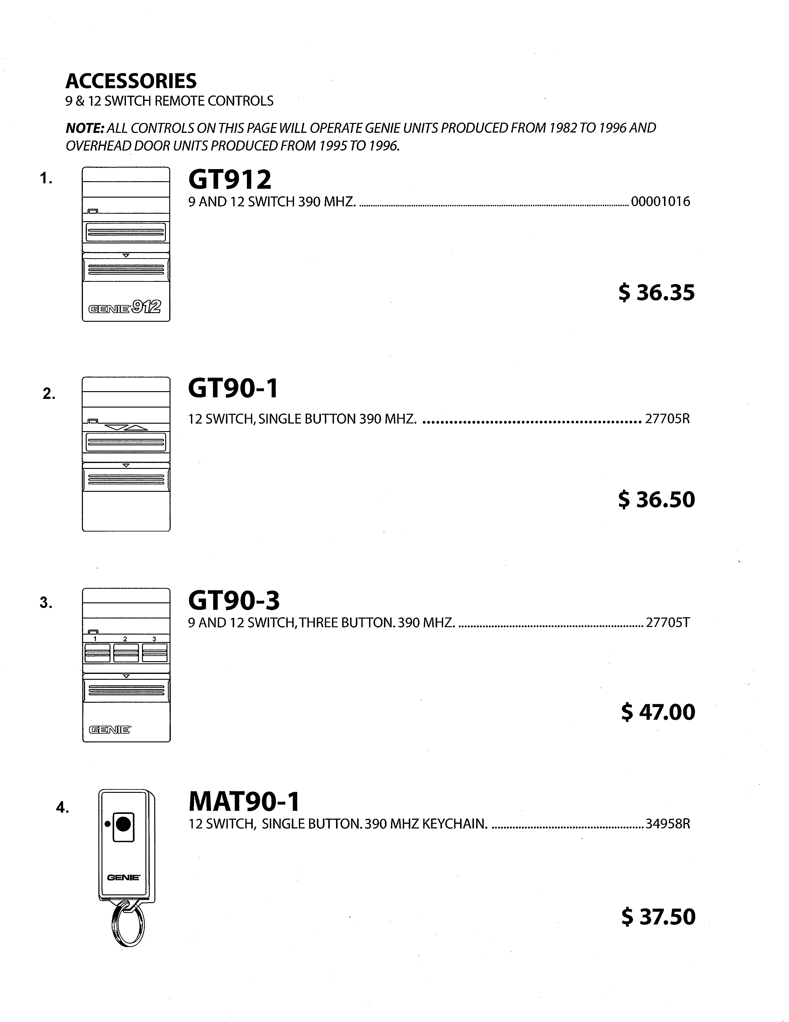 Genie PMX500-IC/A 9 & 12 switch remote controls diagram