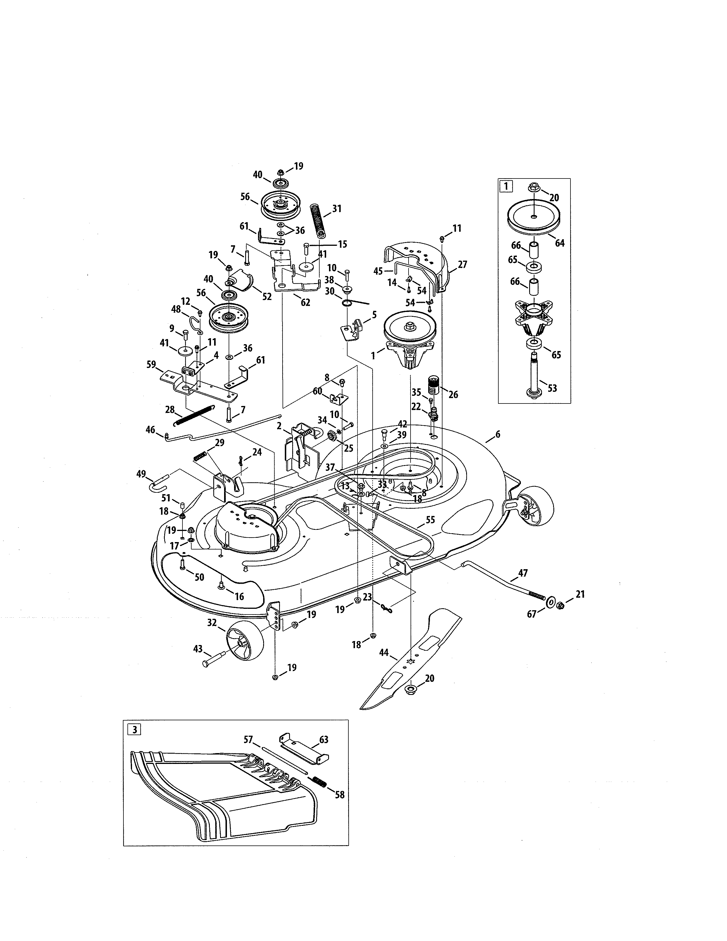MTD 13BL78ST299 mower deck/spindle pulley diagram