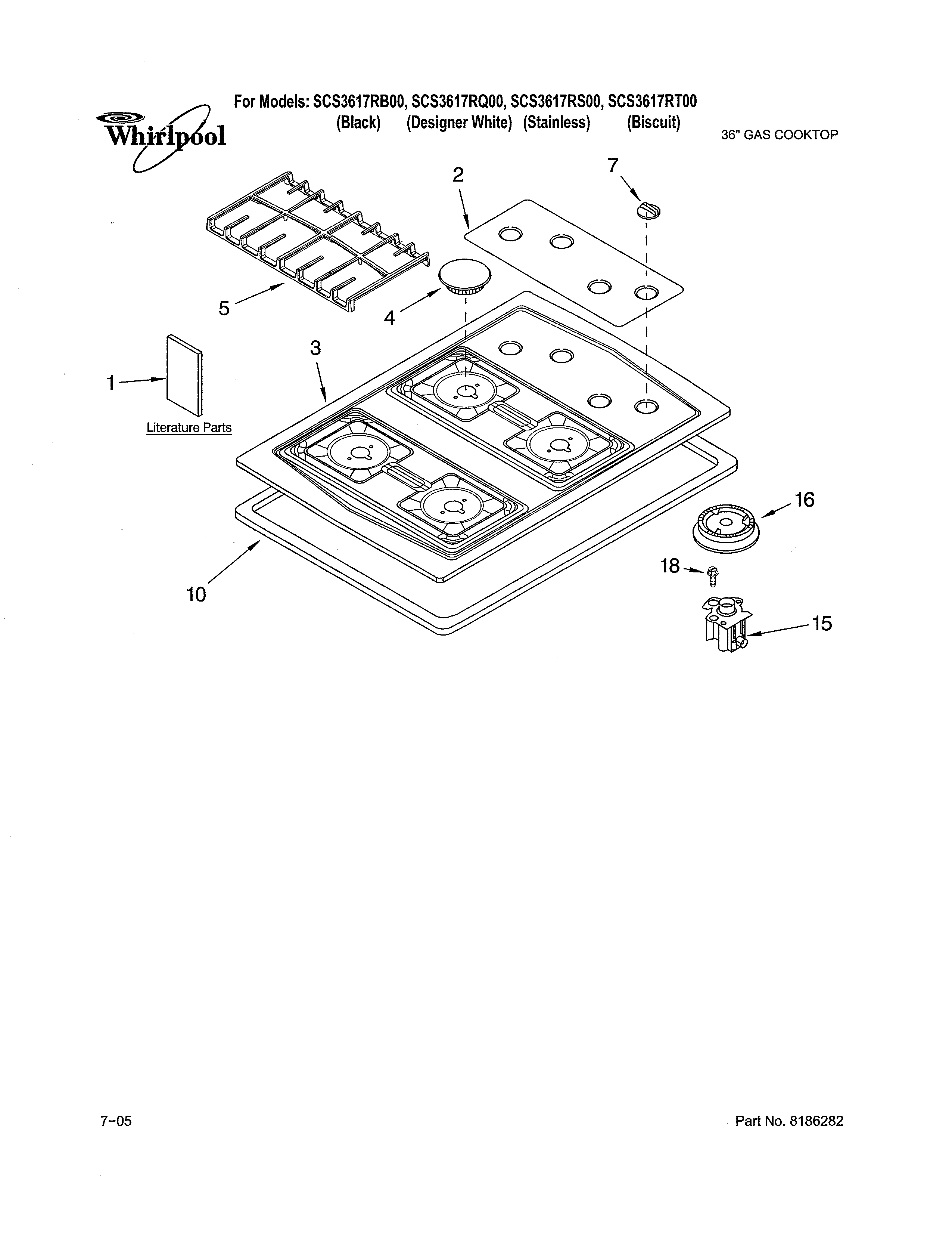 Whirlpool SCS3617RS00 cooktop/burner/grate diagram
